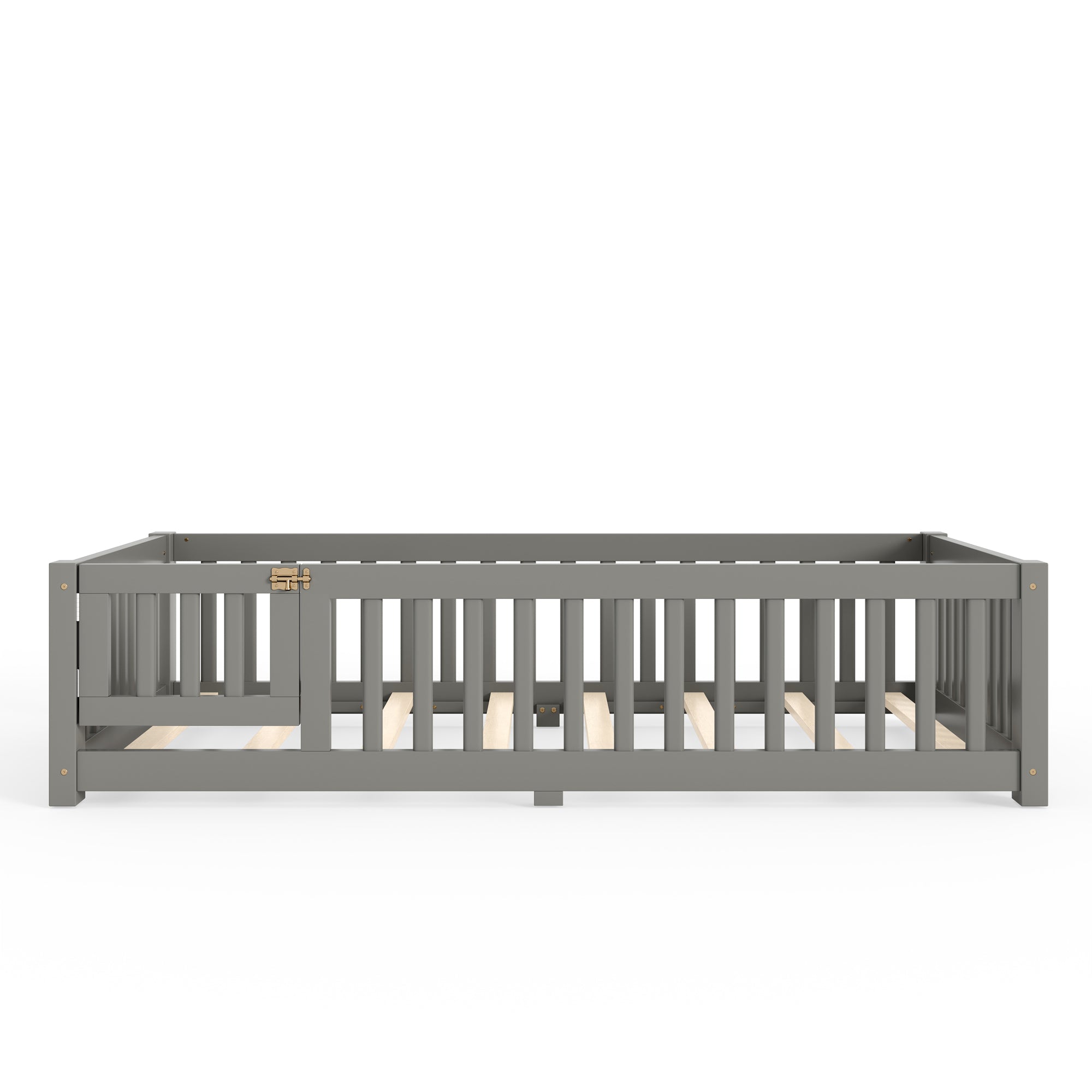 Twin Size Bed Floor Bed with Safety Guardrails and Door for Kids, Gray
