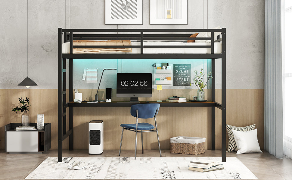 Metal Twin XL Size Loft Bed with Power Outlet and LED Lighted, Space Saving, Noise Reduced, Black