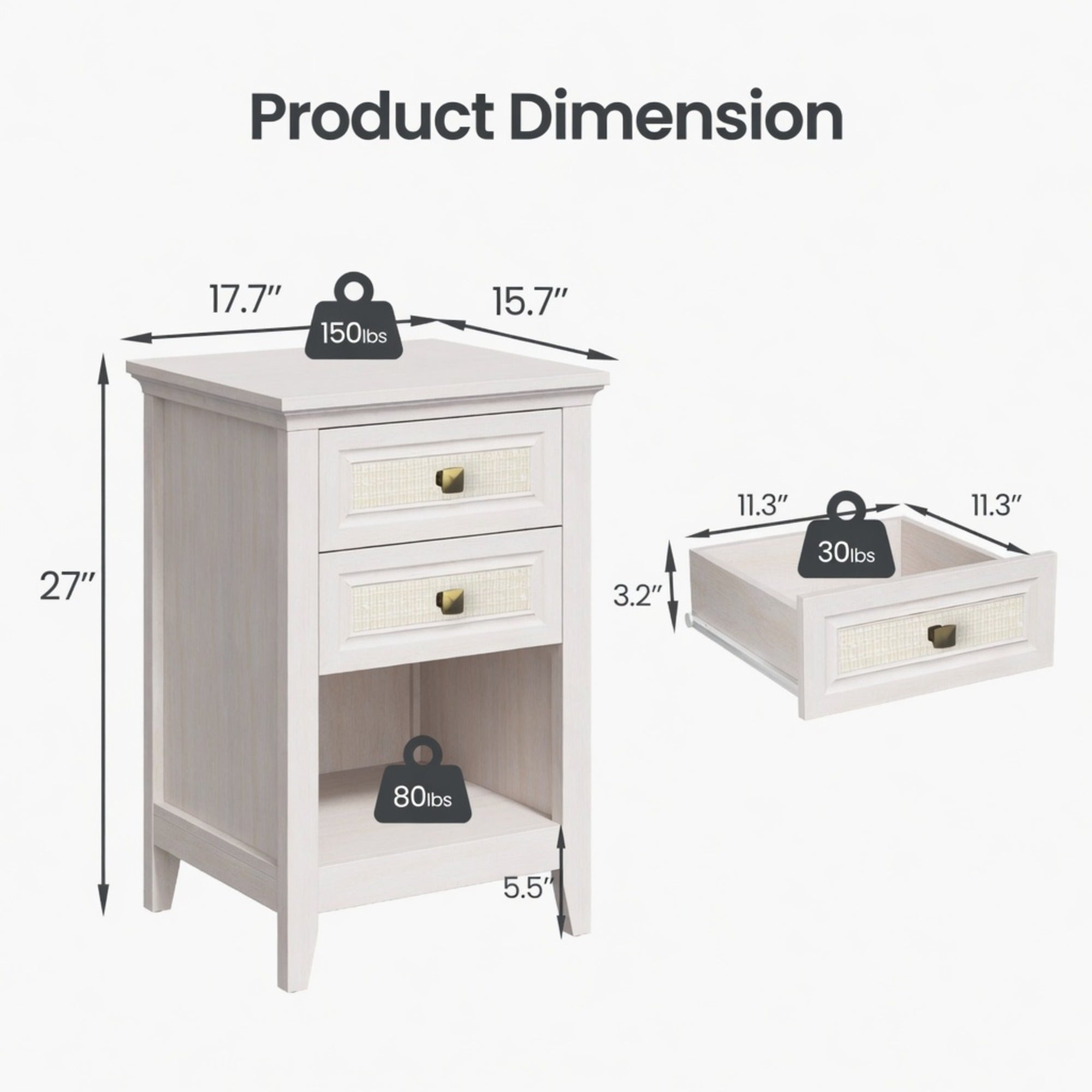 17.7" White Rattan Nightstand Boho Bedside Table w 2 Drawers & Shelf
