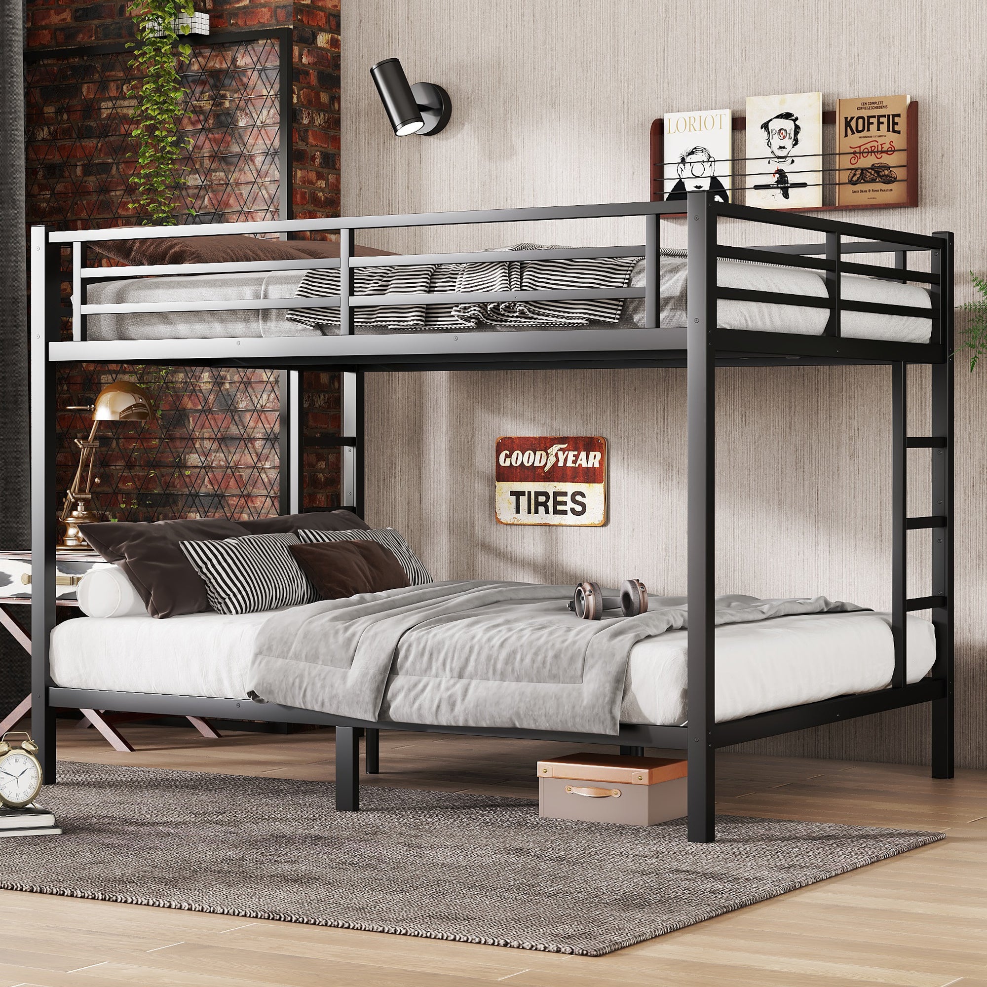 Metal Queen over Queen Bunk Bed for Teens and Adults,Space Saving Noise Reduced No Box Spring Needed, Black