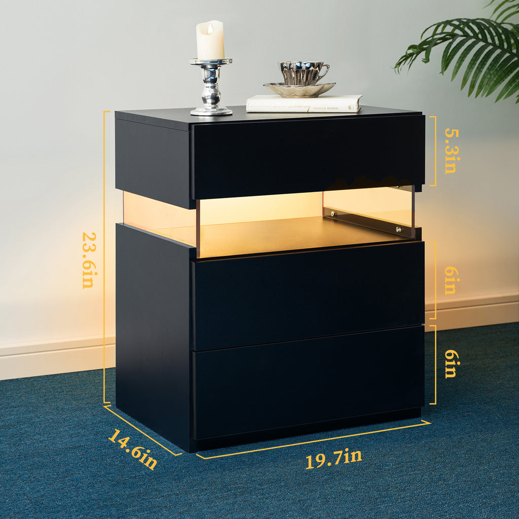 LED Nightstands 3 Drawer Dresser for Bedroom End Table with Acrylic Board LED Bedside Tables Black
