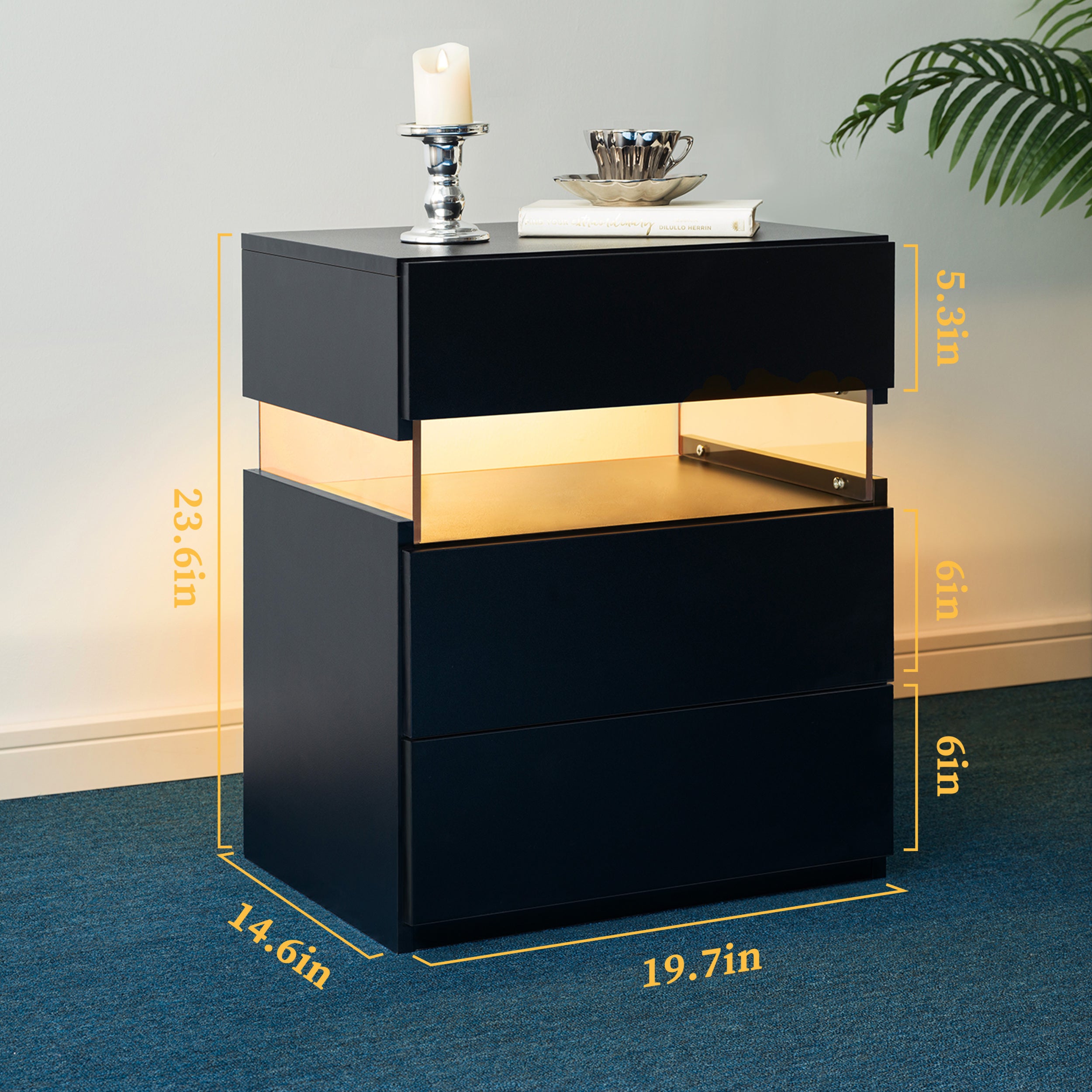 LED Nightstands 3 Drawer Dresser for Bedroom End Table with Acrylic Board LED Bedside Tables Black