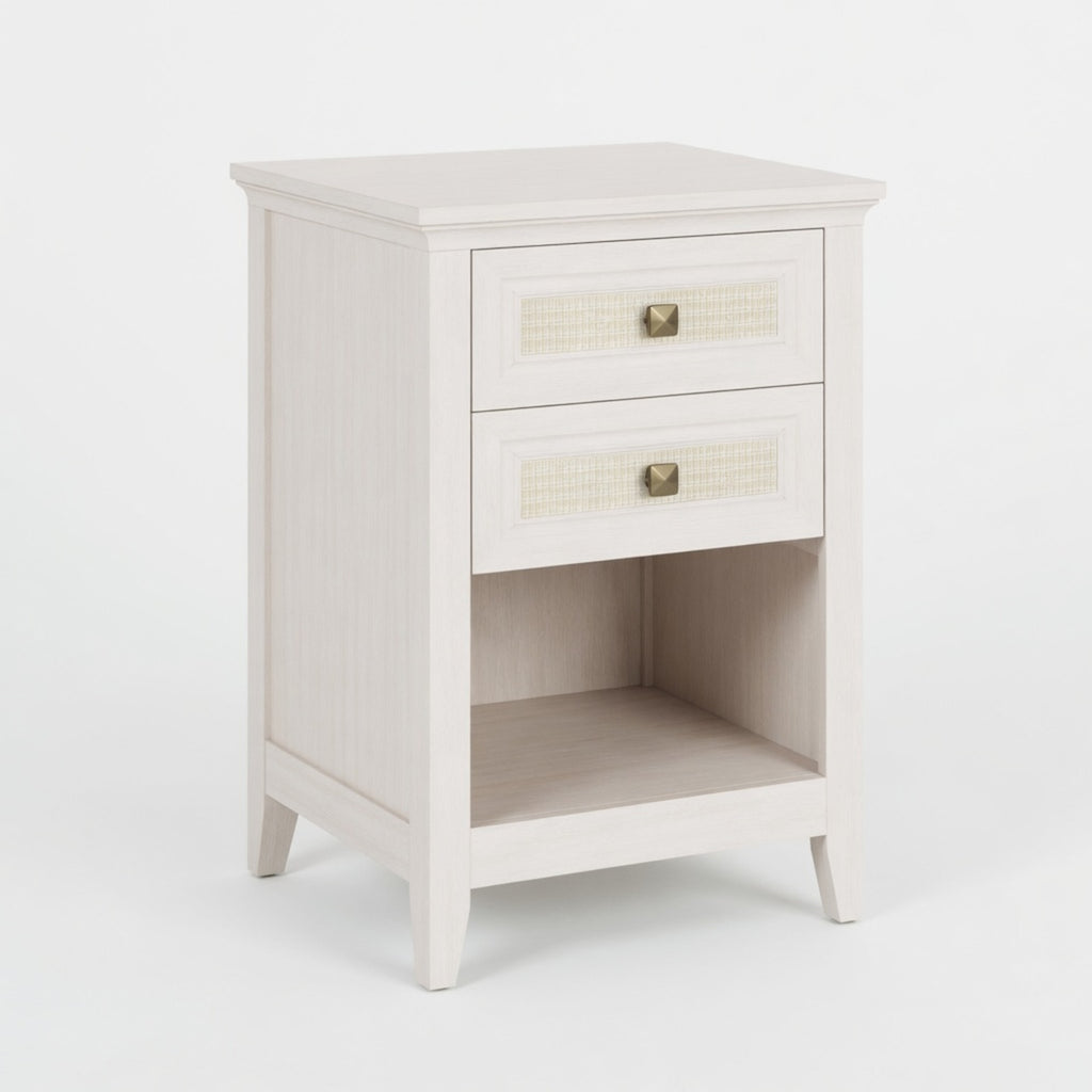 17.7" White Rattan Nightstand Boho Bedside Table w 2 Drawers & Shelf