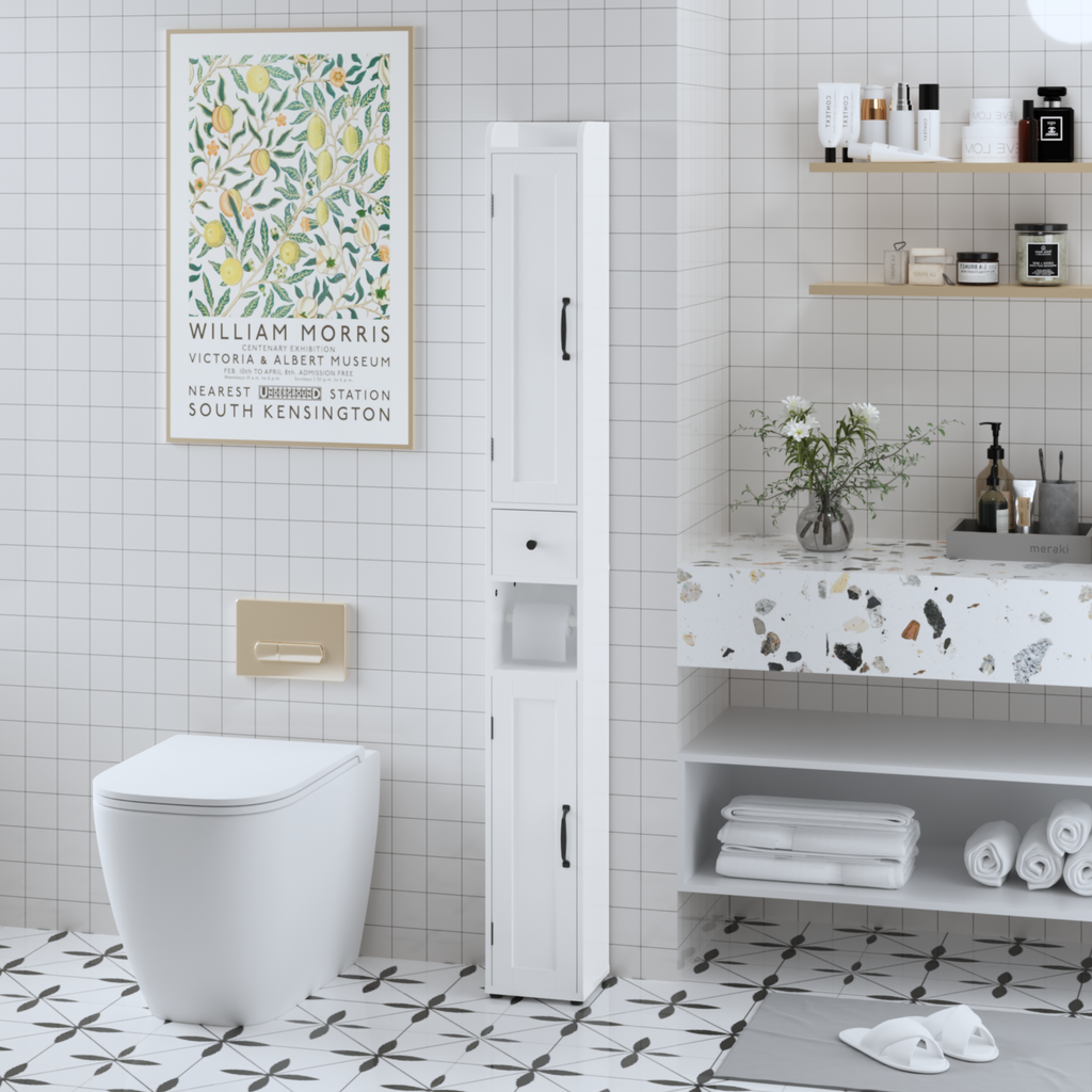 67.51" Tall Bathroom Storage Cabinet with Adjustable Shelves,Slim 2 Doors Freestanding Cabinet with Anti Tip, Open compartments, for Home, Small Spaces, Bathroom,Kitchen, Living Room, White