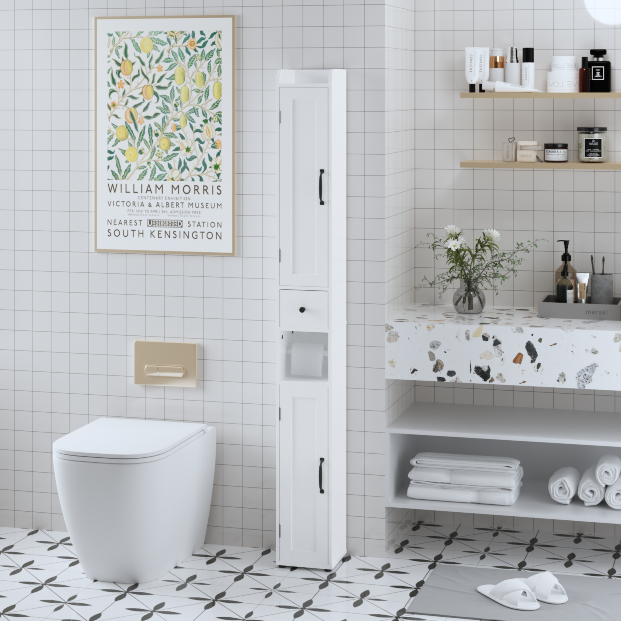 67.51" Tall Bathroom Storage Cabinet with Adjustable Shelves,Slim 2 Doors Freestanding Cabinet with Anti Tip, Open compartments, for Home, Small Spaces, Bathroom,Kitchen, Living Room, White