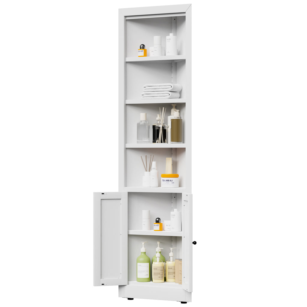 71" Tall Corner Storage Cabinet with 2 Doors, 5 Tier Metal Cabinet with Adjustable Shelves, Freestanding Kitchen Storage for Pantry, Living Room, Bathroom, Laundry Room, Space Saving Furniture, White