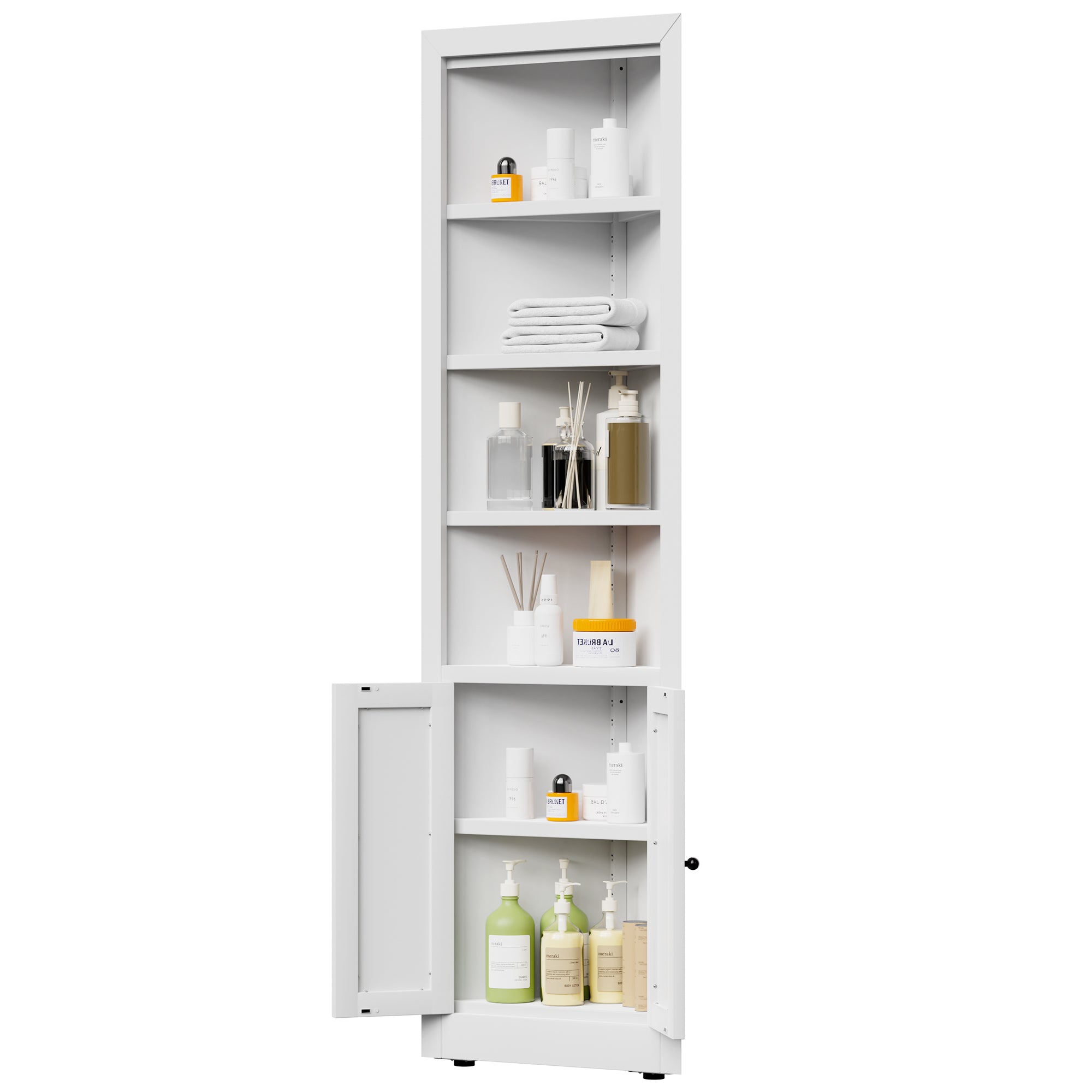 71" Tall Corner Storage Cabinet with 2 Doors, 5 Tier Metal Cabinet with Adjustable Shelves, Freestanding Kitchen Storage for Pantry, Living Room, Bathroom, Laundry Room, Space Saving Furniture, White