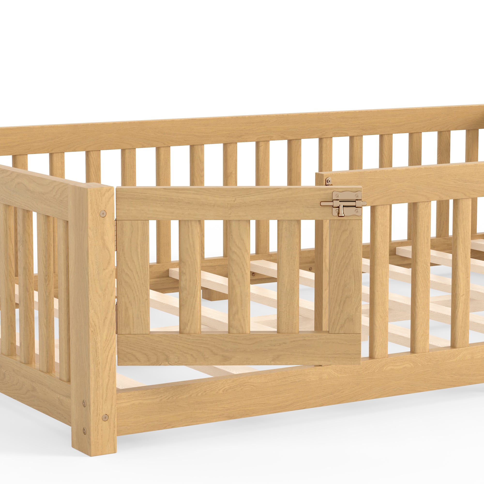 Full Size Bed Floor Bed with Safety Guardrails and Door for Kids, Natural
