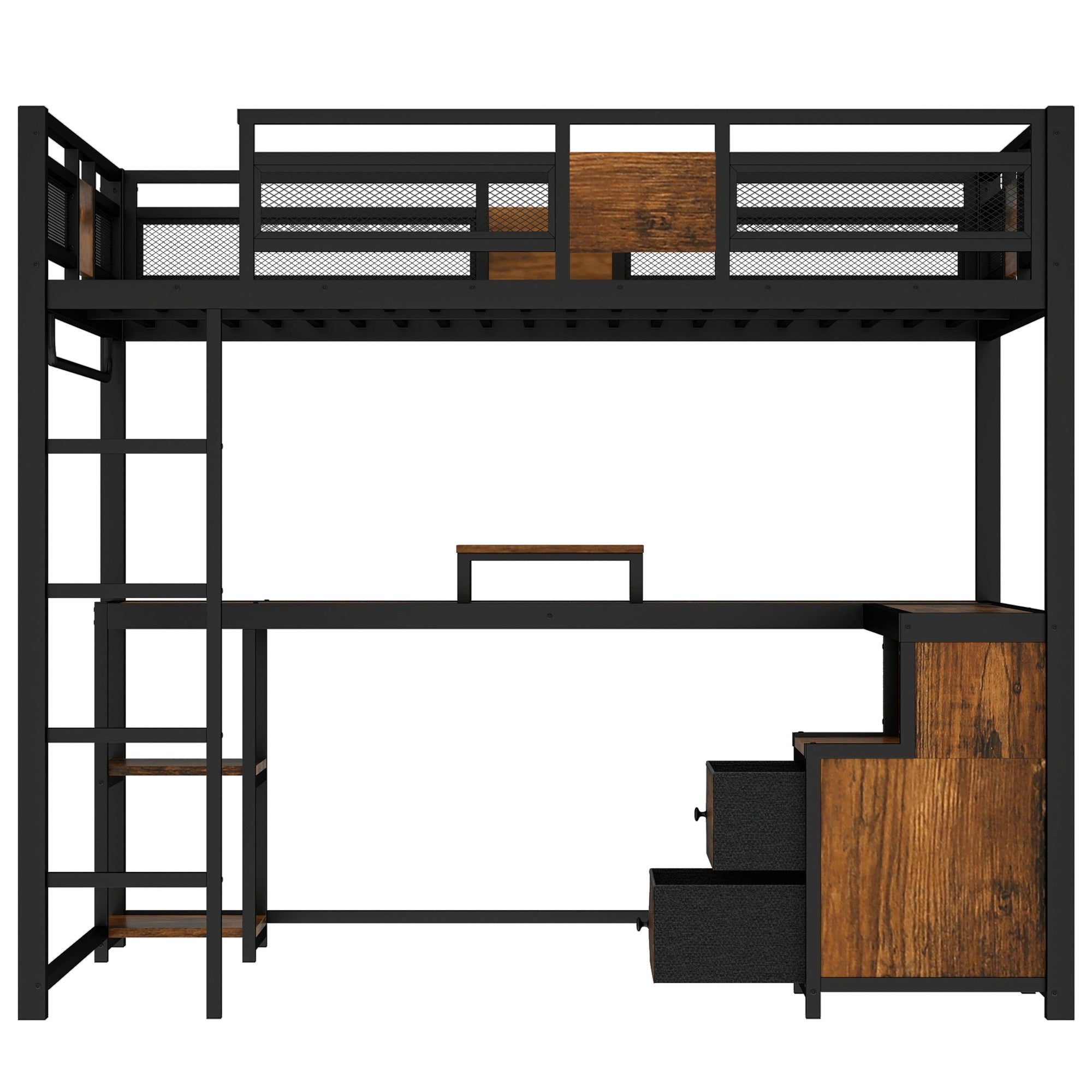 Queen Loft Bed with Desk and Storage Non woven Fabric Drawers, Metal Loft Bed Frame with Ladders, Nosie free and No Spring Box Needed, Black