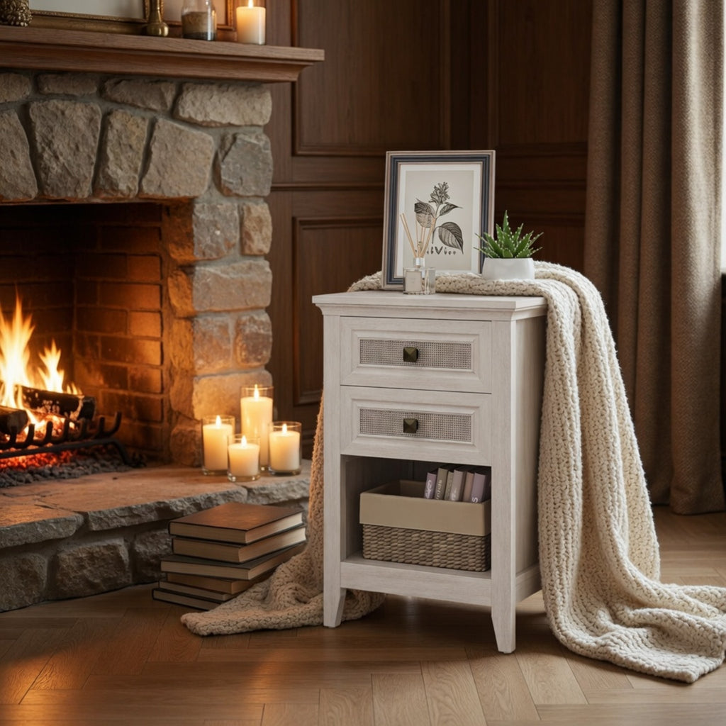 17.7" White Rattan Nightstand Boho Bedside Table w 2 Drawers & Shelf