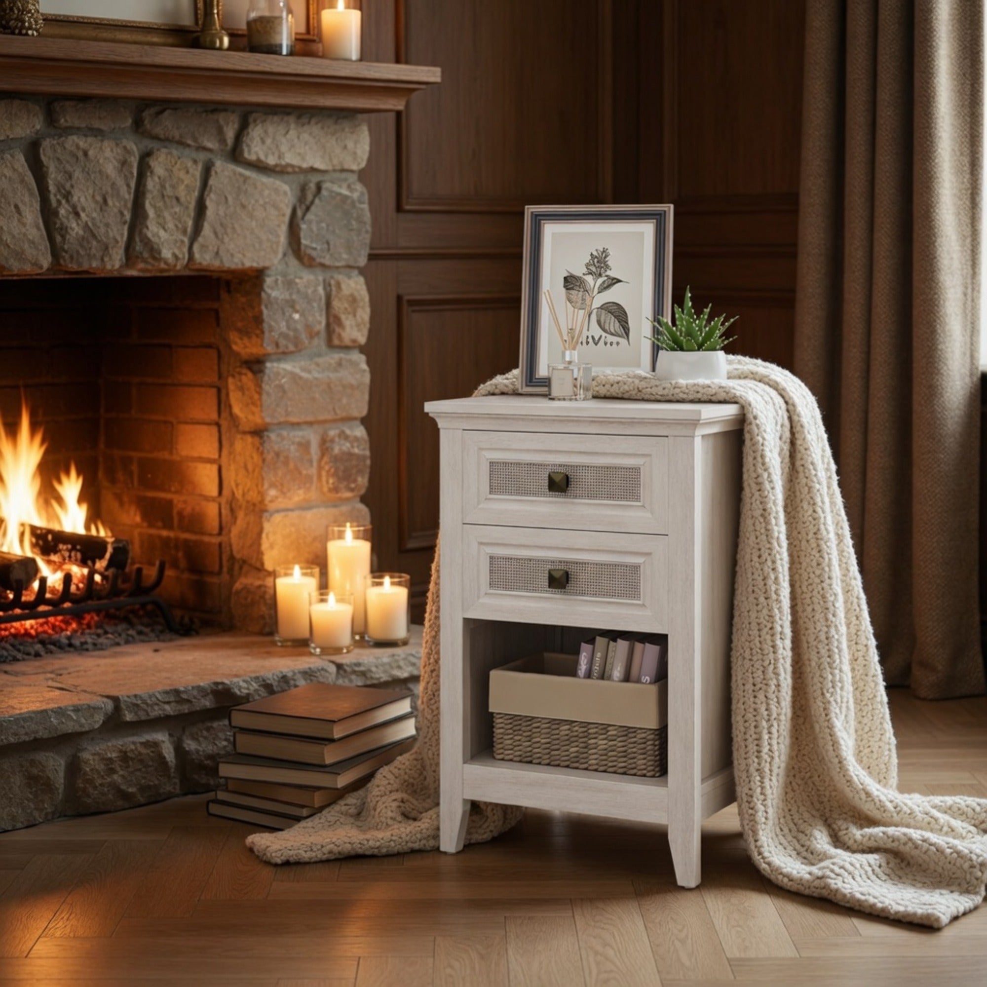 17.7" White Rattan Nightstand Boho Bedside Table w 2 Drawers & Shelf