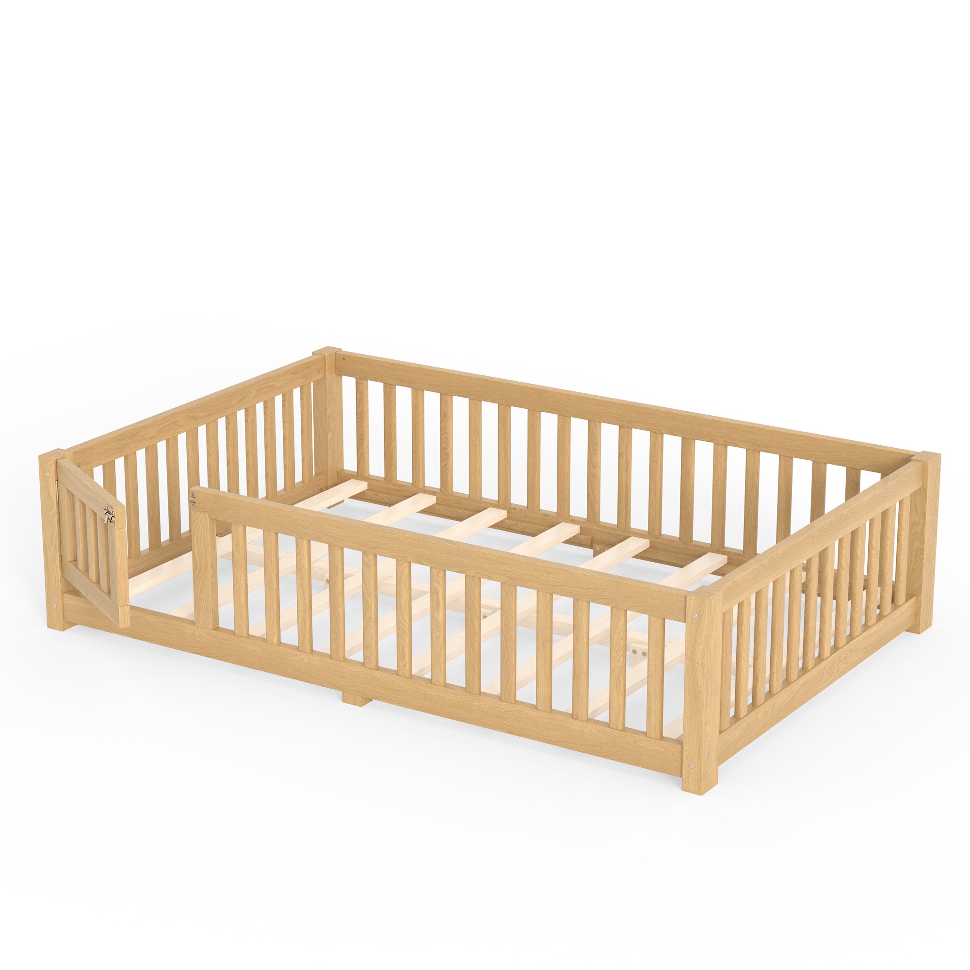 Full Size Bed Floor Bed with Safety Guardrails and Door for Kids, Natural