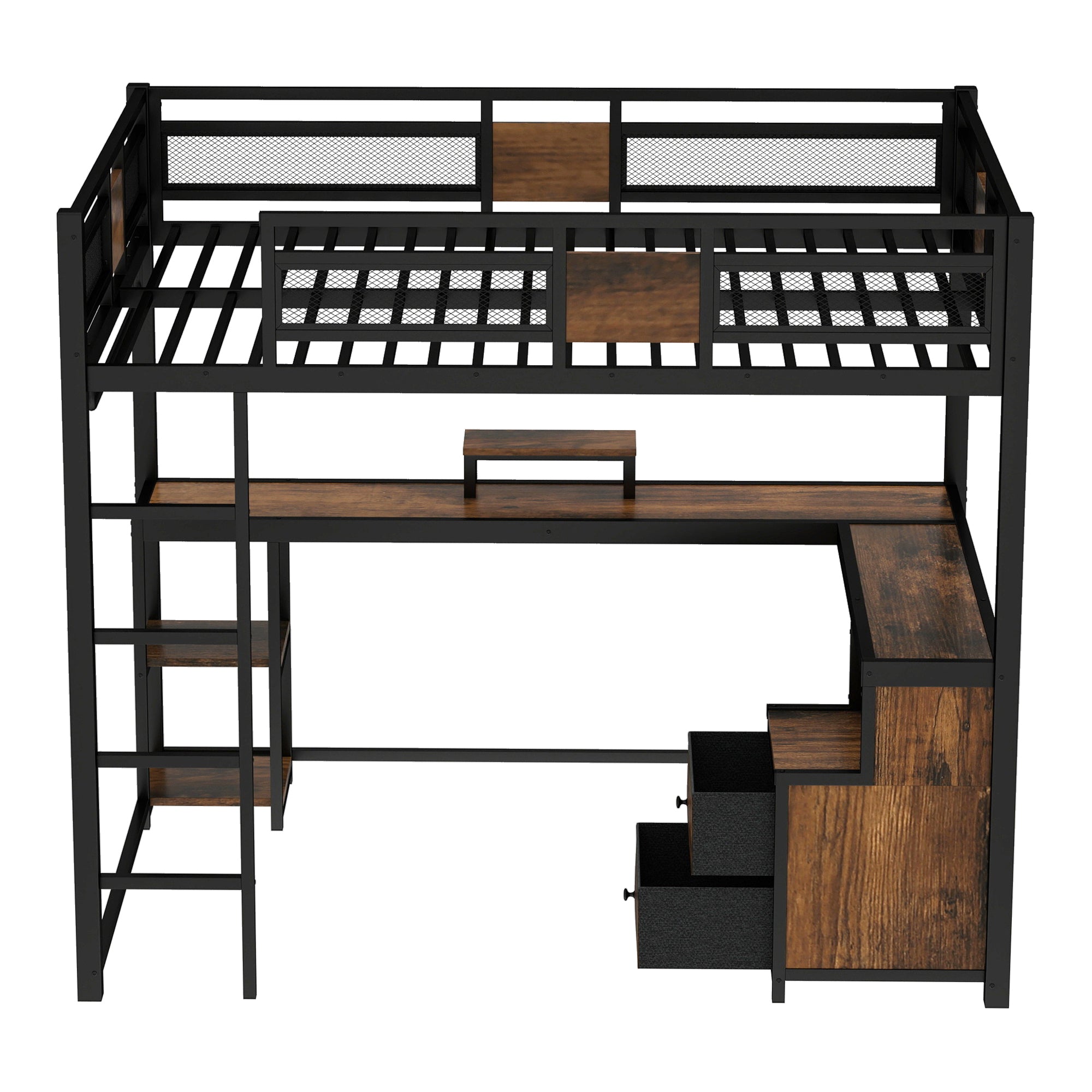Queen Loft Bed with Desk and Storage Non woven Fabric Drawers, Metal Loft Bed Frame with Ladders, Nosie free and No Spring Box Needed, Black