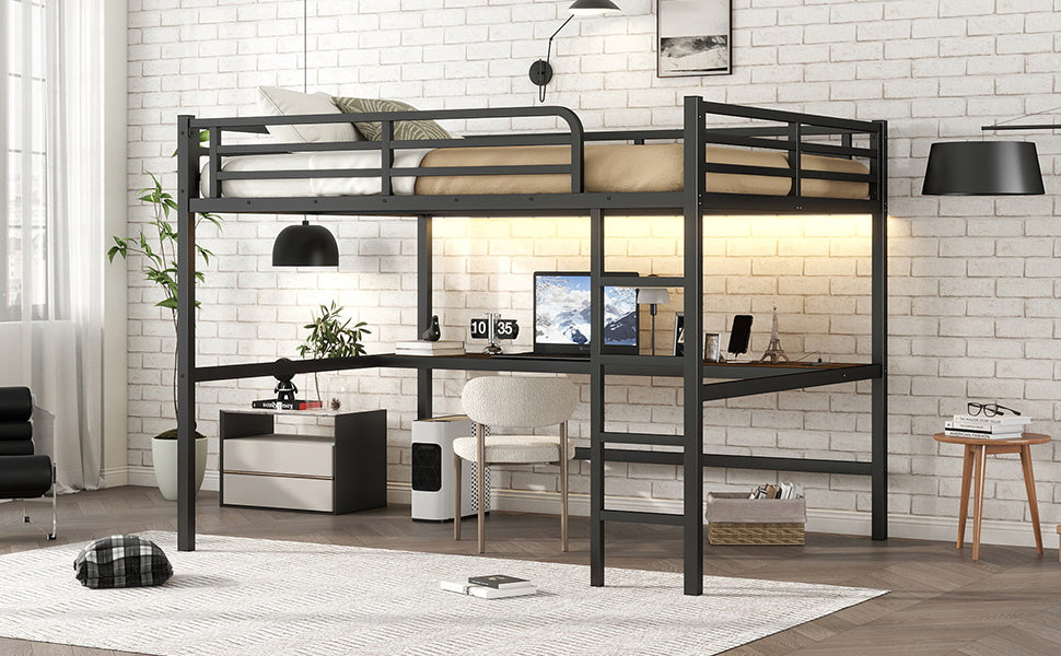 Metal Queen Size Loft Bed with Power Outlet and LED Lighted, Space Saving, Noise Reduced, Black