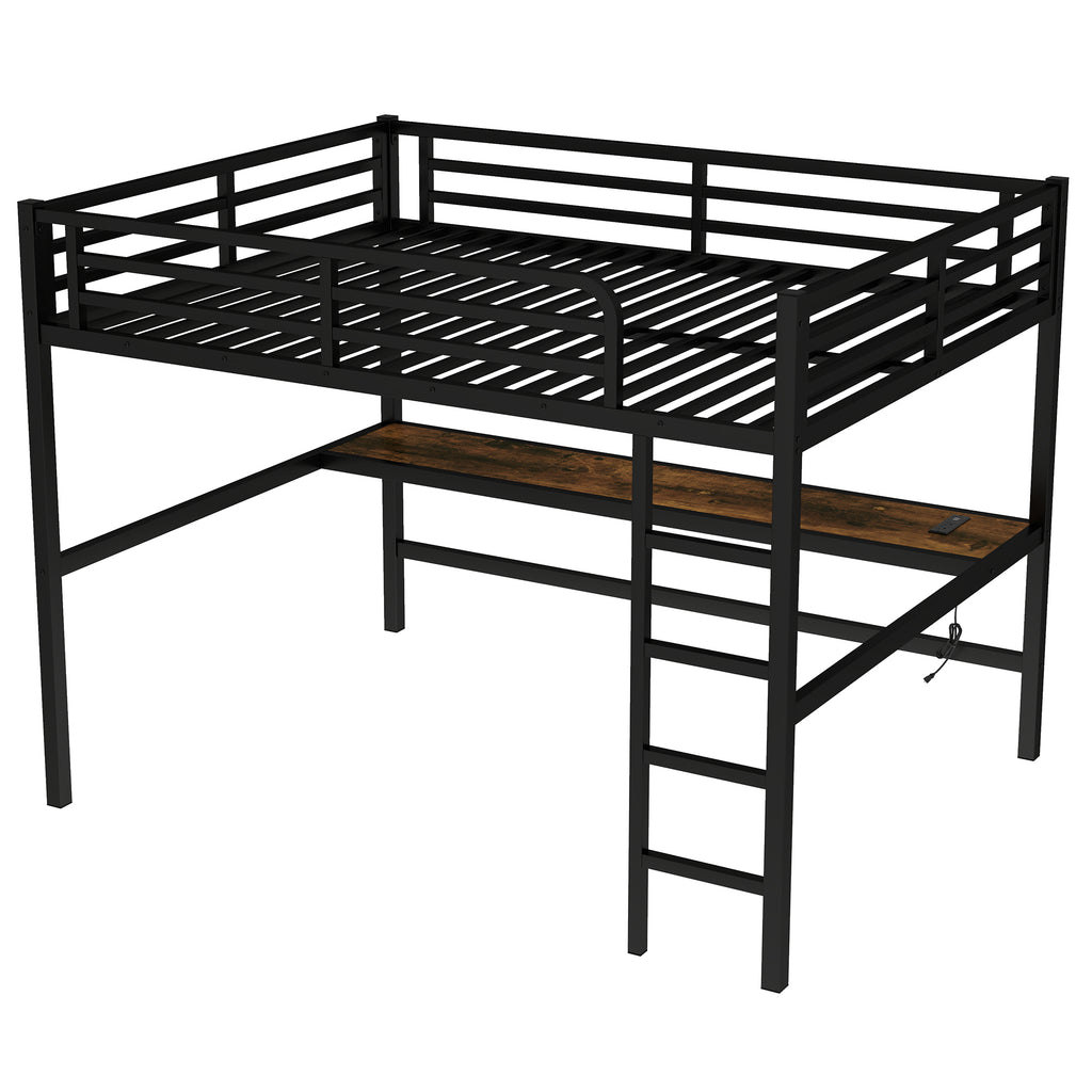 Metal Queen Size Loft Bed with Power Outlet and LED Lighted, Space Saving, Noise Reduced, Black