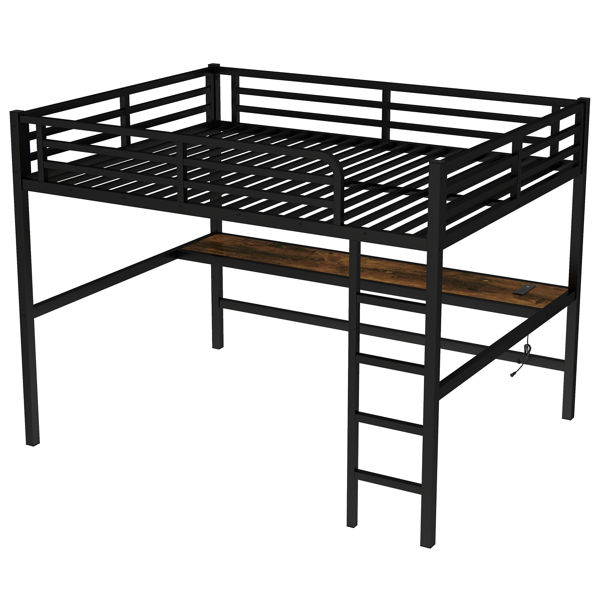 Metal Queen Size Loft Bed with Power Outlet and LED Lighted, Space Saving, Noise Reduced, Black