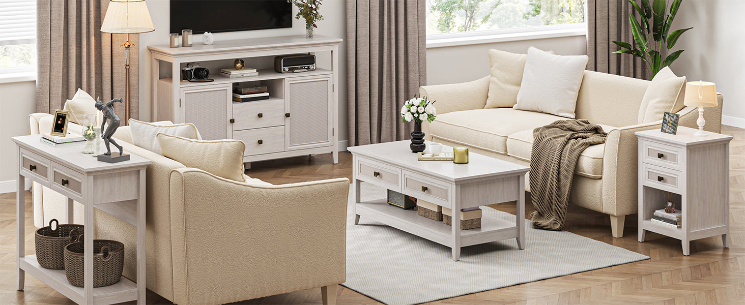 Farmhouse Nightstand, Boho Bedside Table with 2 Rattan Decor Drawers, Accent End Table with Open Storage Shelf, Wood Bedside Unit for Bedroom, Living Room, Home Office, Grayish White
