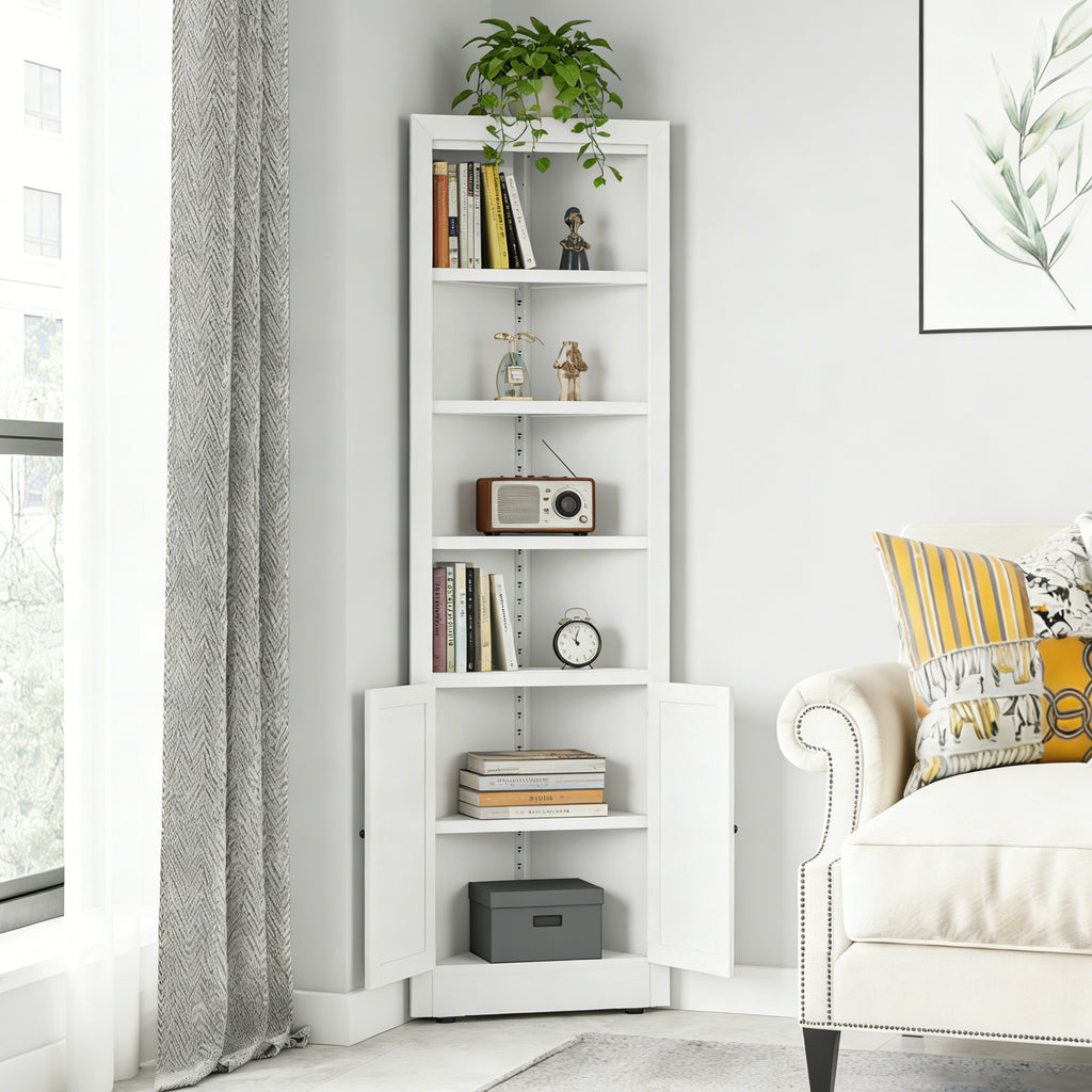 71" Tall Corner Storage Cabinet with 2 Doors, 5 Tier Metal Cabinet with Adjustable Shelves, Freestanding Kitchen Storage for Pantry, Living Room, Bathroom, Laundry Room, Space Saving Furniture, White