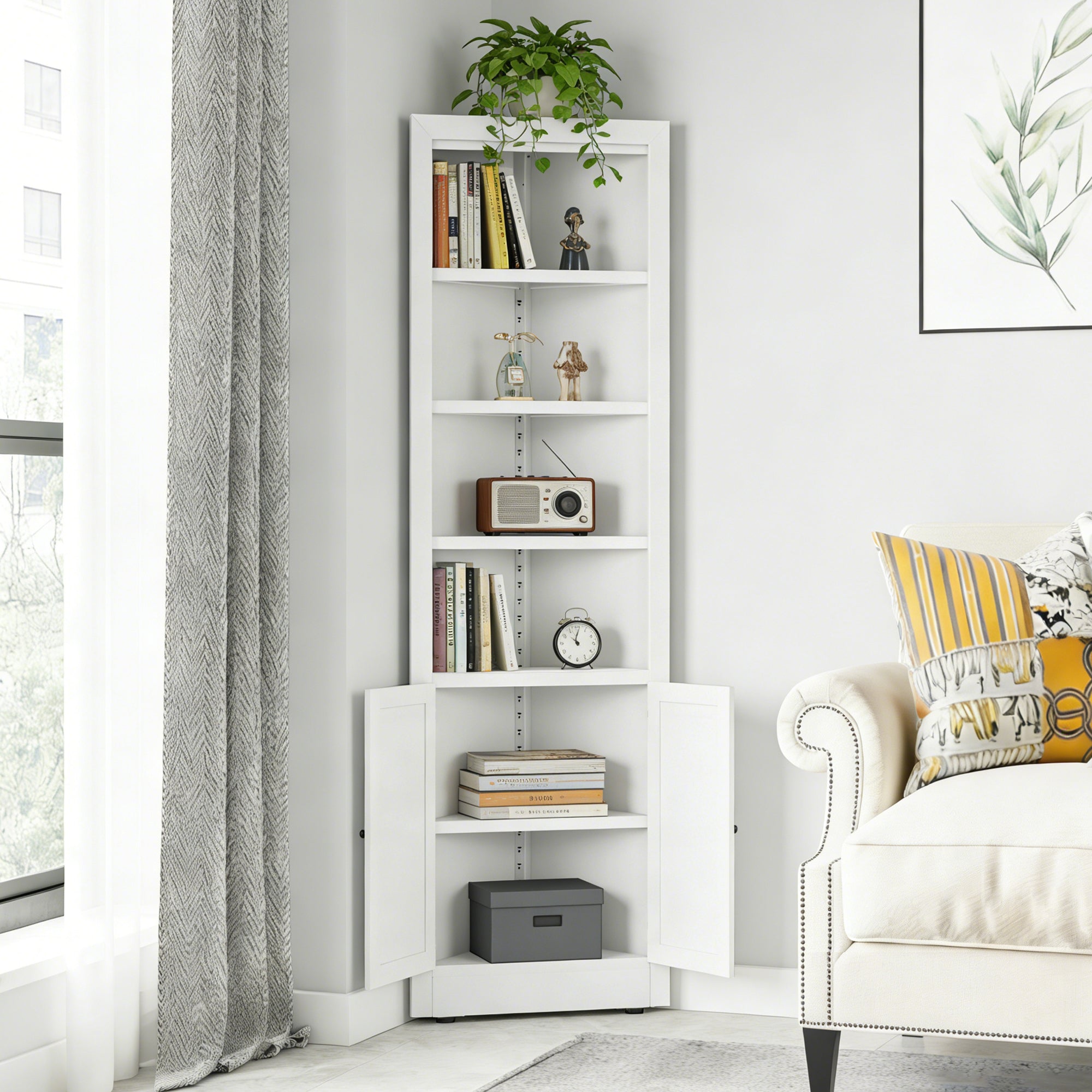 71" Tall Corner Storage Cabinet with 2 Doors, 5 Tier Metal Cabinet with Adjustable Shelves, Freestanding Kitchen Storage for Pantry, Living Room, Bathroom, Laundry Room, Space Saving Furniture, White