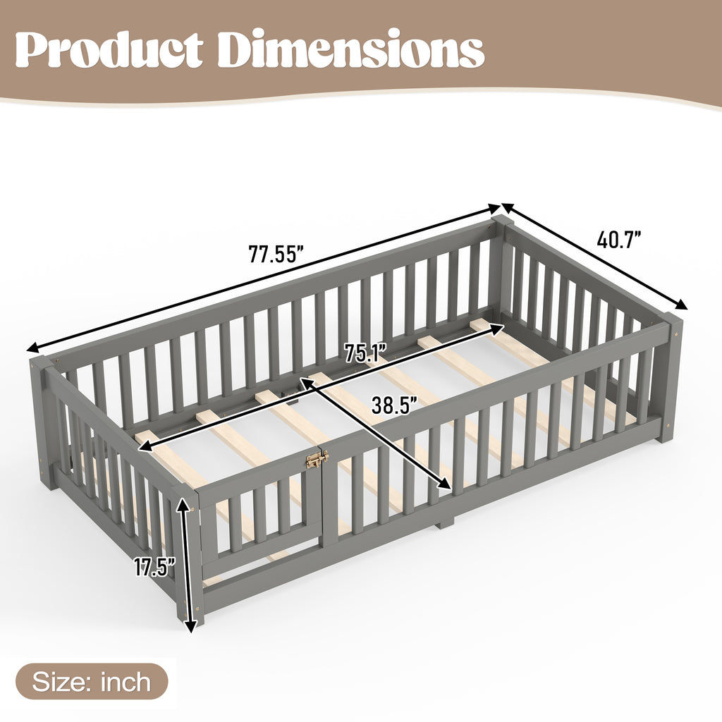 Twin Size Bed Floor Bed with Safety Guardrails and Door for Kids, Gray