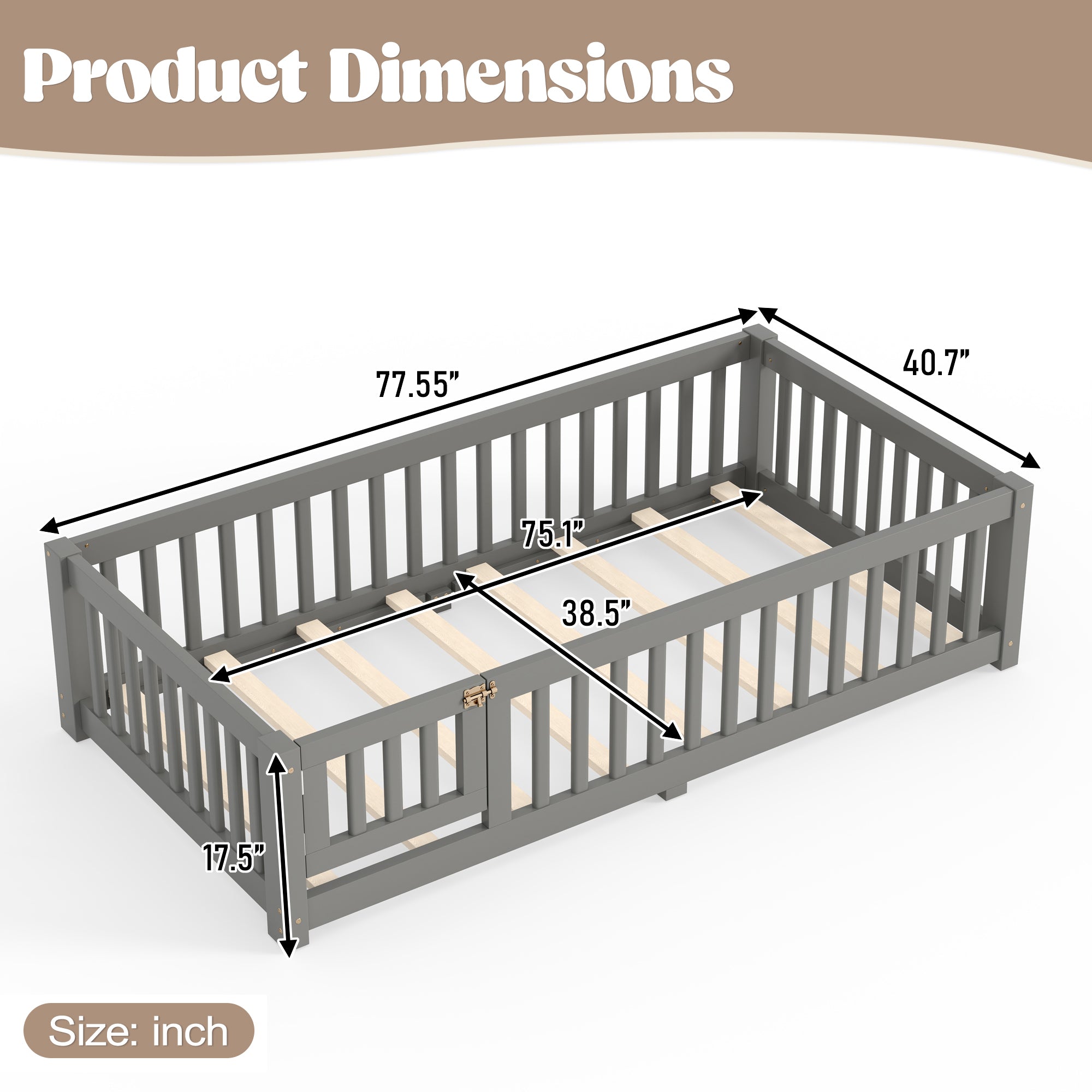 Twin Size Bed Floor Bed with Safety Guardrails and Door for Kids, Gray
