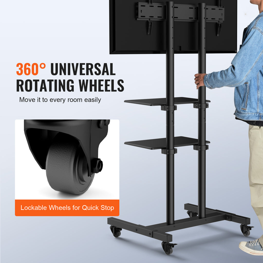 Mobile TV Stand, Mobile TV Cart for 32 to 70 inch TVs, Height Adjustable Portable TV Stand with Wheels, Double Tray for Audio Visual Devices, Rolling TV Stand with Mount for Bedroom, Living Room