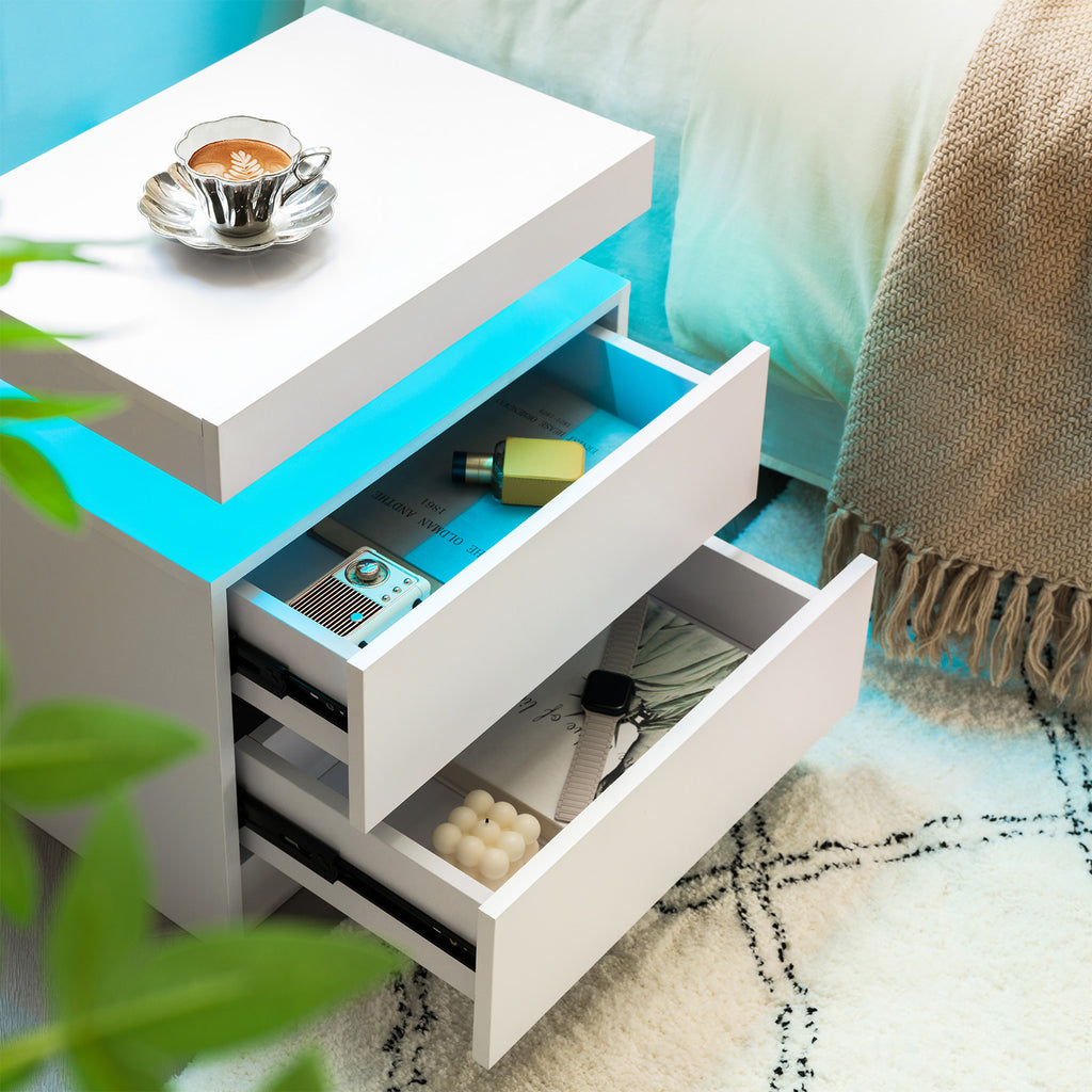 LED Nightstands Set of 2, Bedside Table Cabinet Lights Modern End Side with 2 Drawers for Bedroom White
