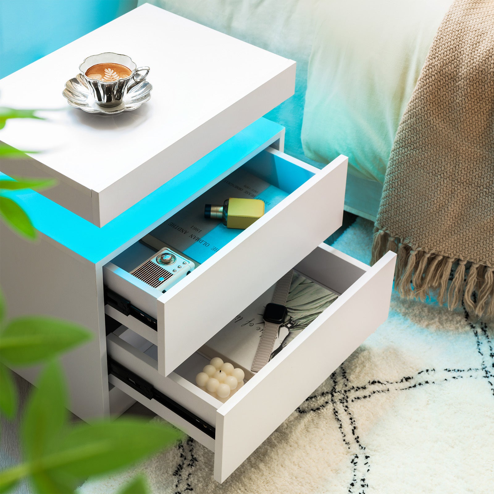 LED Nightstands Set of 2, Bedside Table Cabinet Lights Modern End Side with 2 Drawers for Bedroom White