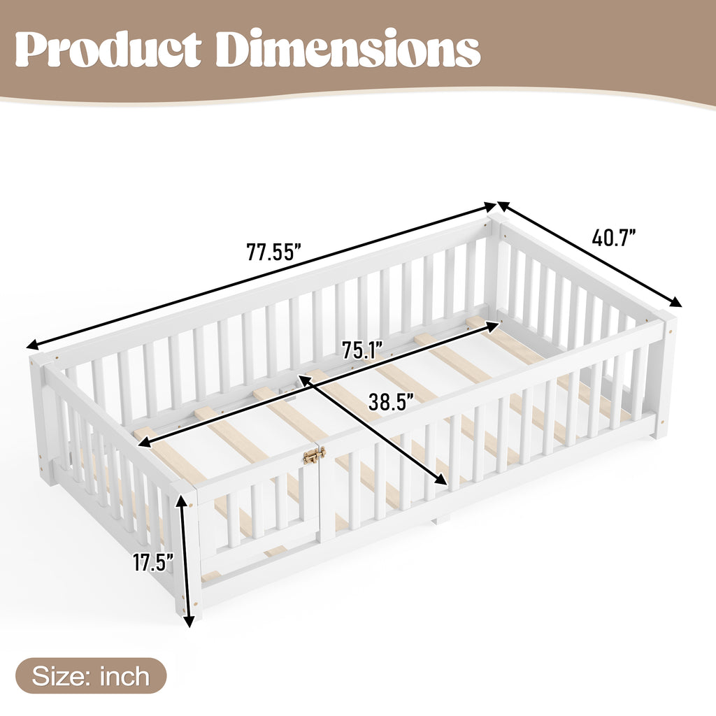 Twin Size Bed Floor Bed with Safety Guardrails and Door for Kids, White