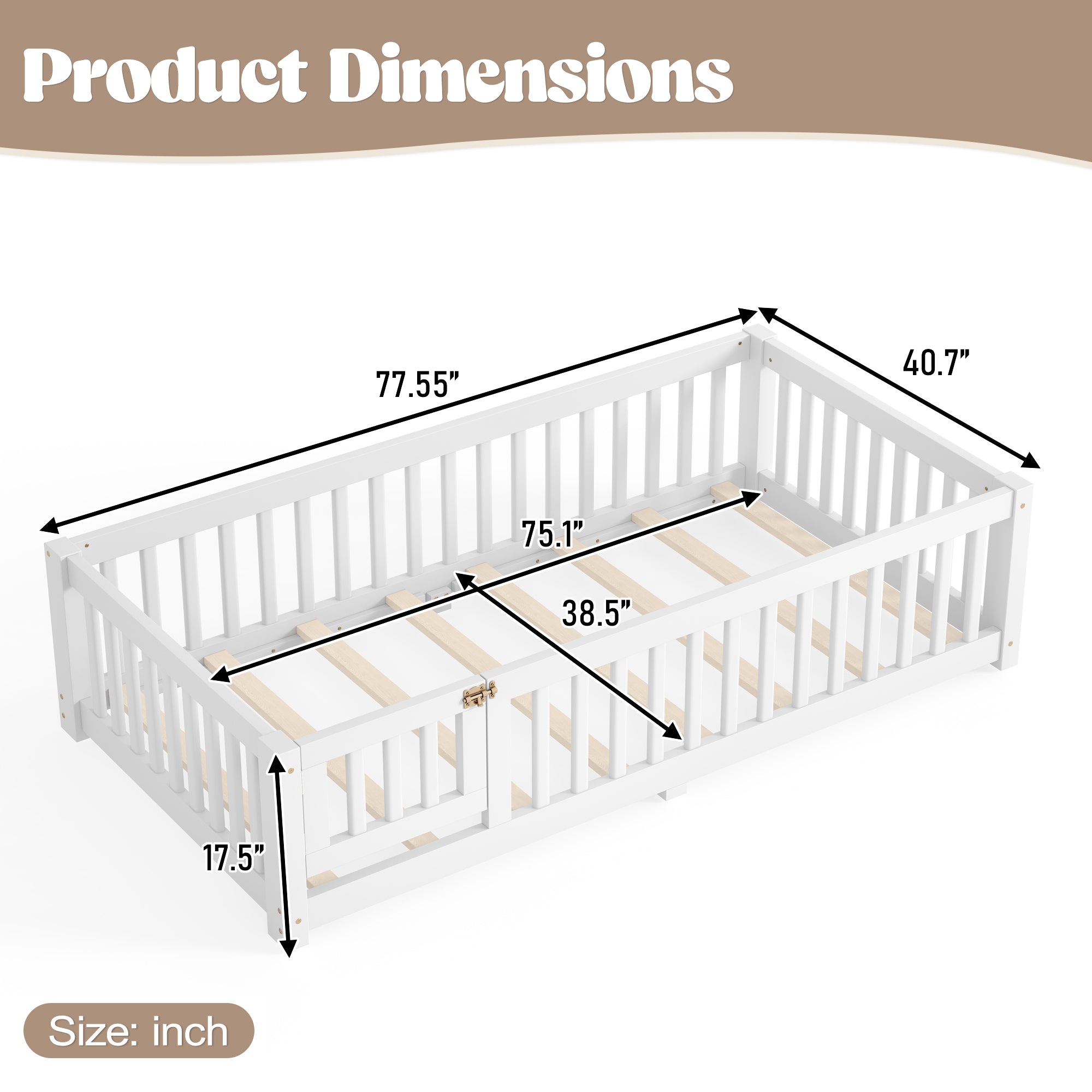 Twin Size Bed Floor Bed with Safety Guardrails and Door for Kids, White