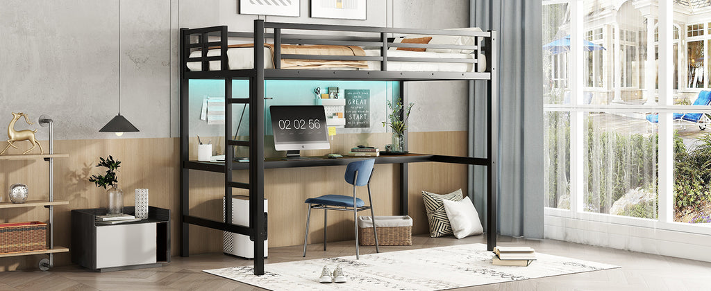 Metal Twin XL Size Loft Bed with Power Outlet and LED Lighted, Space Saving, Noise Reduced, Black