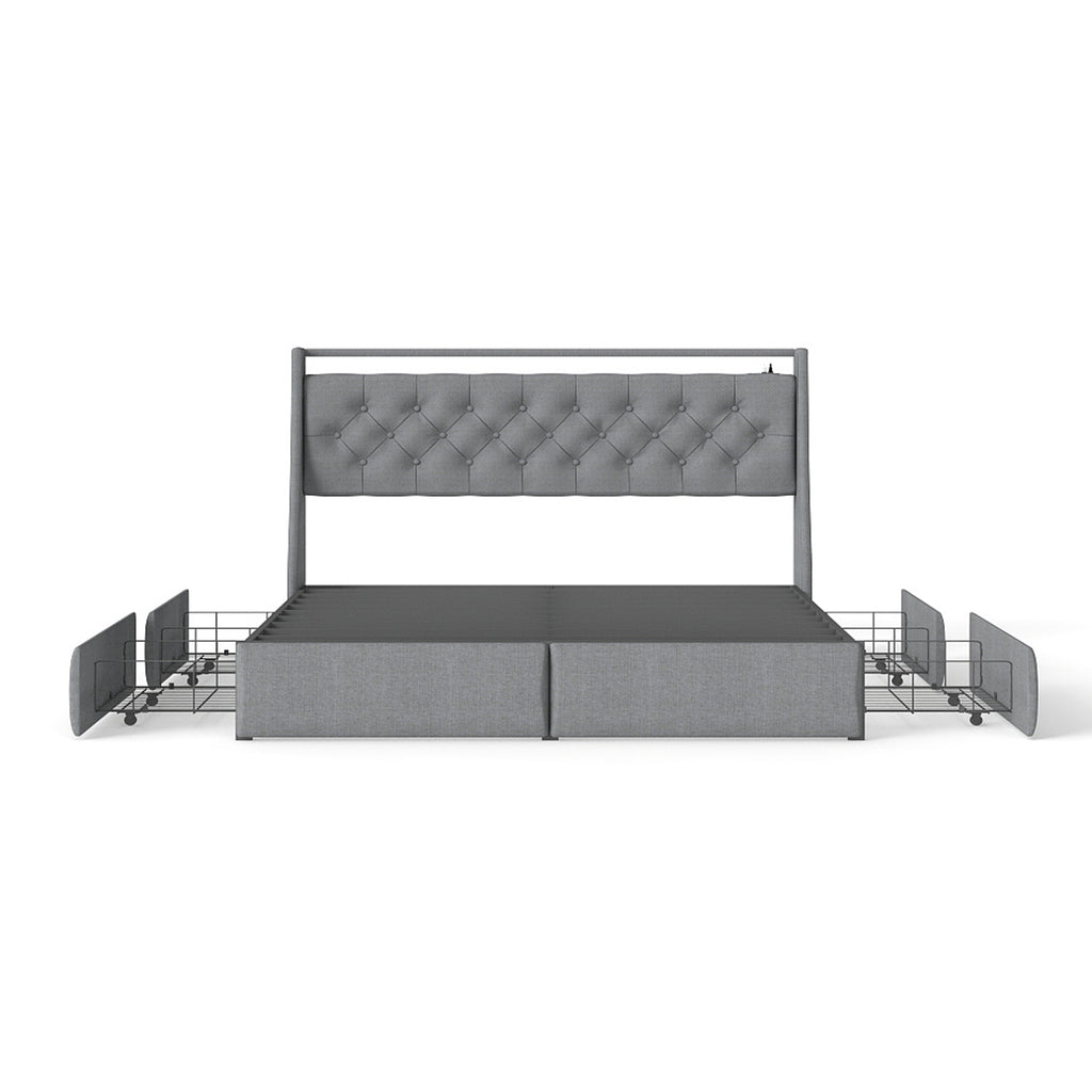 Queen Metal Platform Bed Frame Grey, Storage Headboard with RGB LED & Charging Station