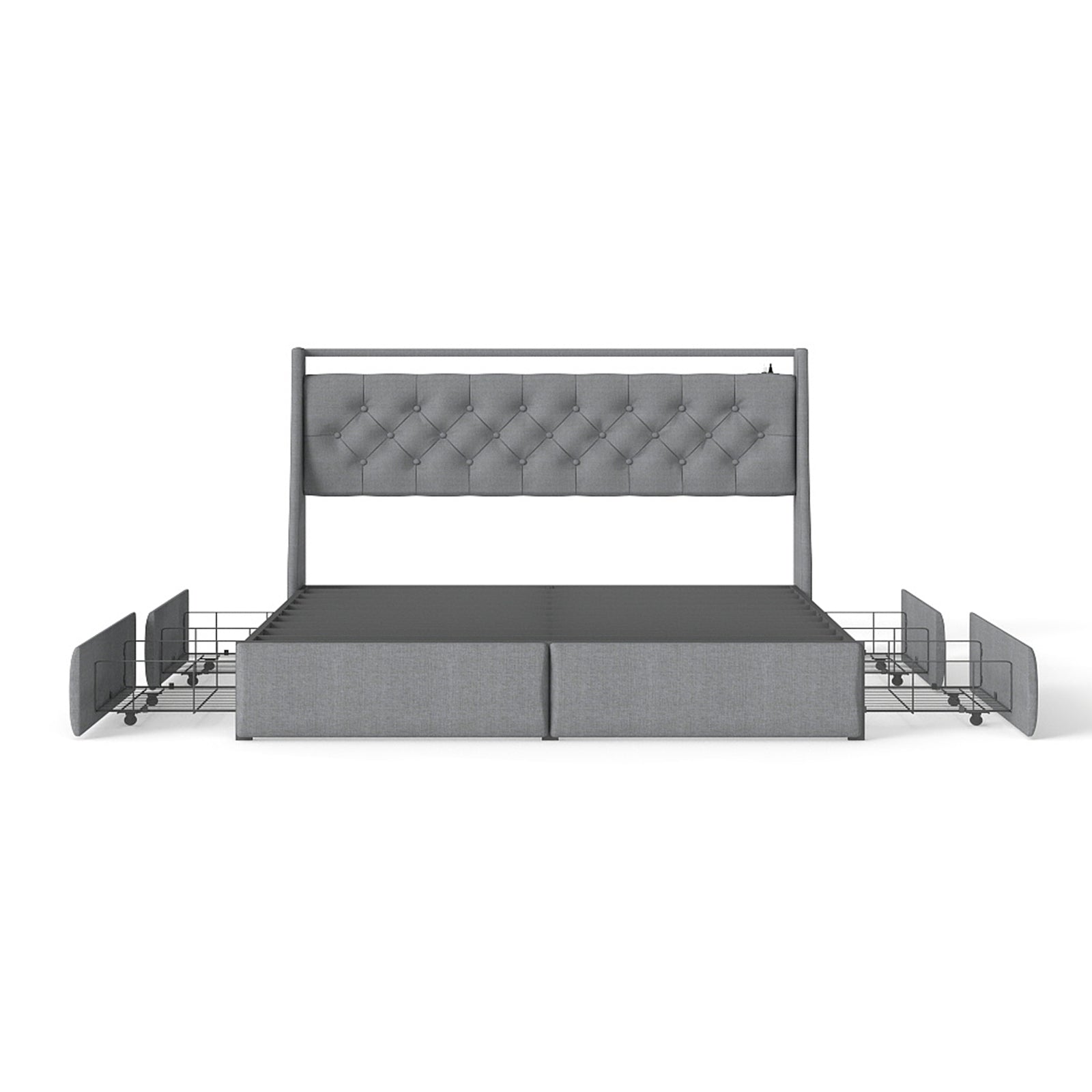 Queen Metal Platform Bed Frame Grey, Storage Headboard with RGB LED & Charging Station
