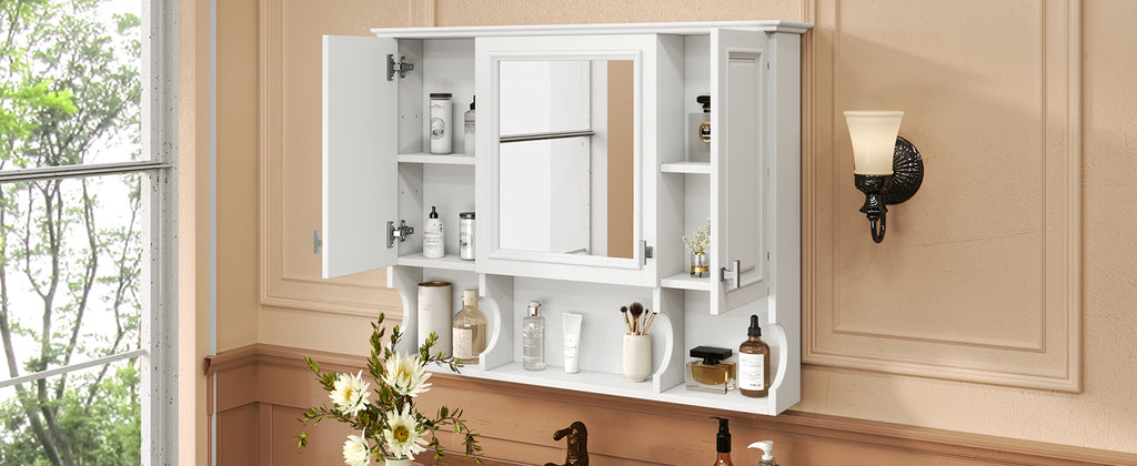 35'' x 28'' Wall Mounted Bathroom Medicine Cabinet, Modern Bathroom Wall Cabinet with Mirror, Mirror Cabinet with Open Shelves