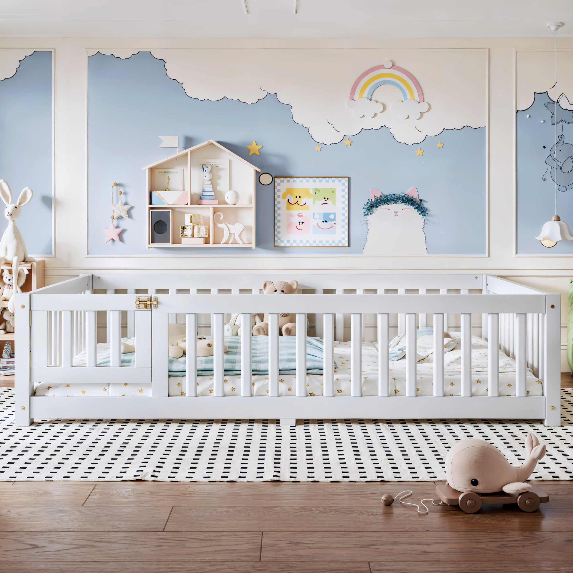 Full Size Bed Floor Bed with Safety Guardrails and Door for Kids, White