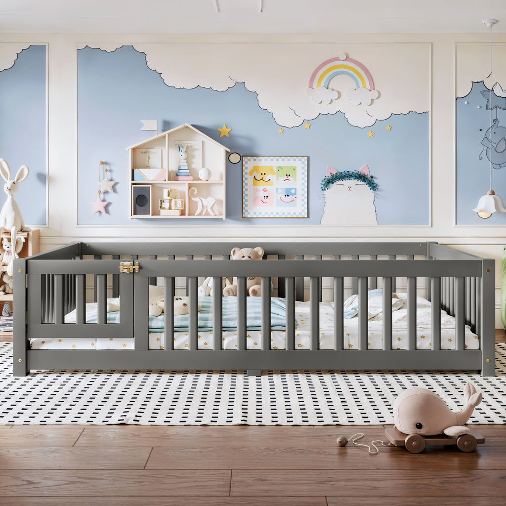 Full Size Bed Floor Bed with Safety Guardrails and Door for Kids, Gray