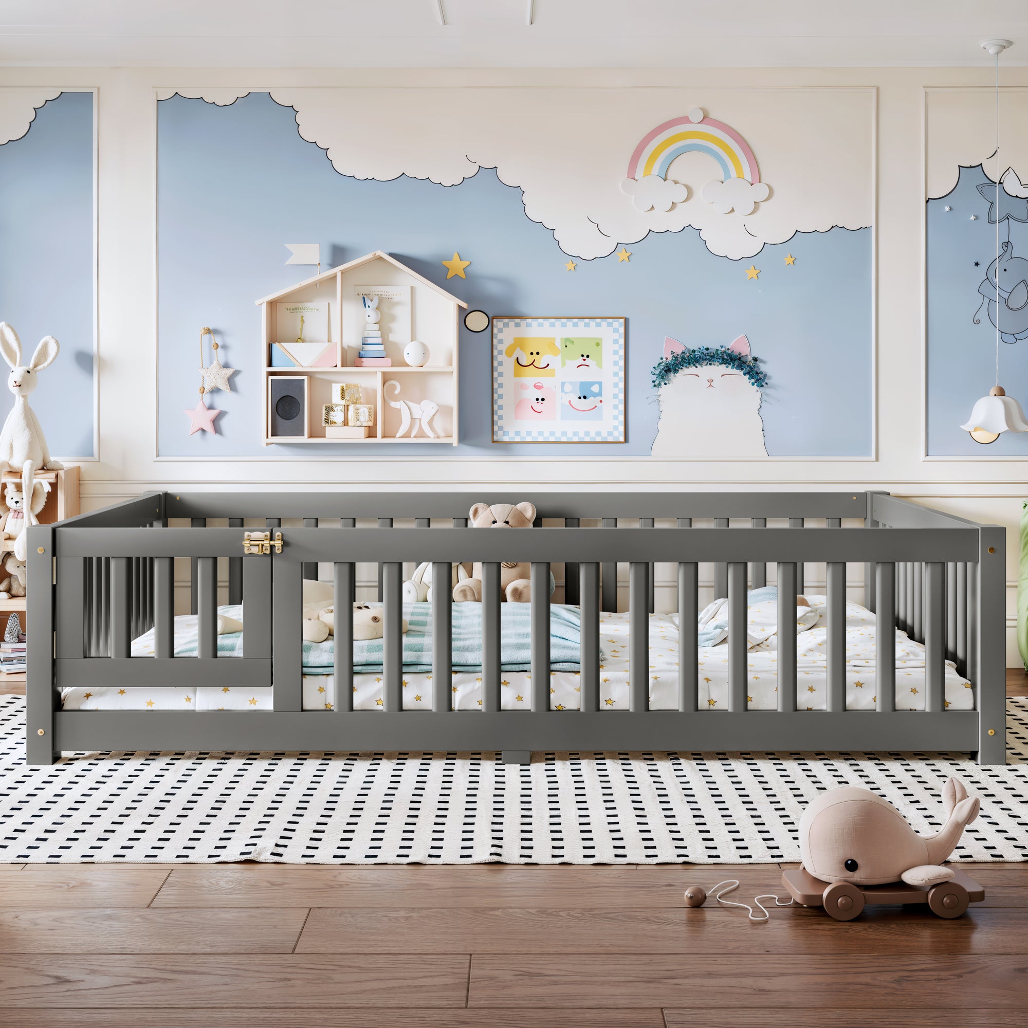 Full Size Bed Floor Bed with Safety Guardrails and Door for Kids, Gray