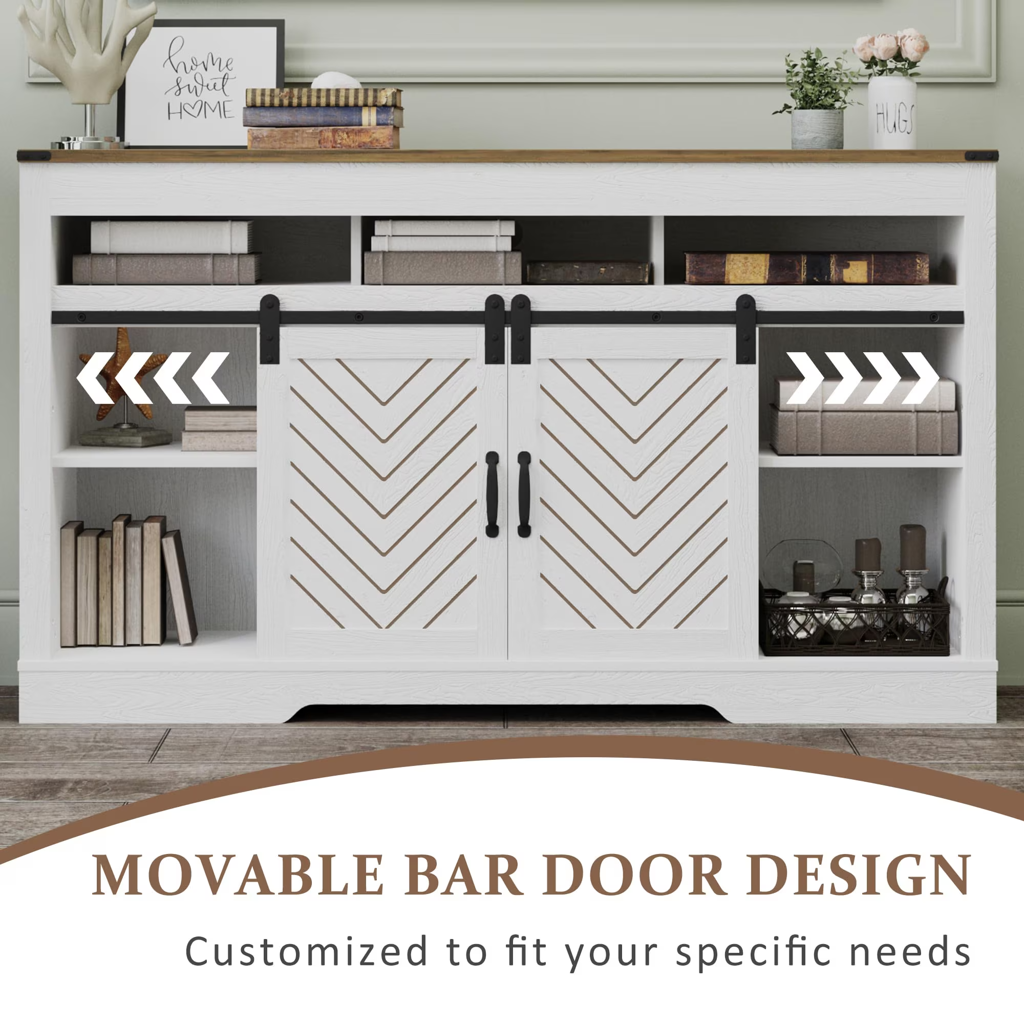Farmhouse TV Stand for 65 Inch TV, Tall Entertainment Center with Sliding Barn Doors, Rustic Wood Storage Cabinet Television Media Console for Living Room, Bedroom Wood Tone and White