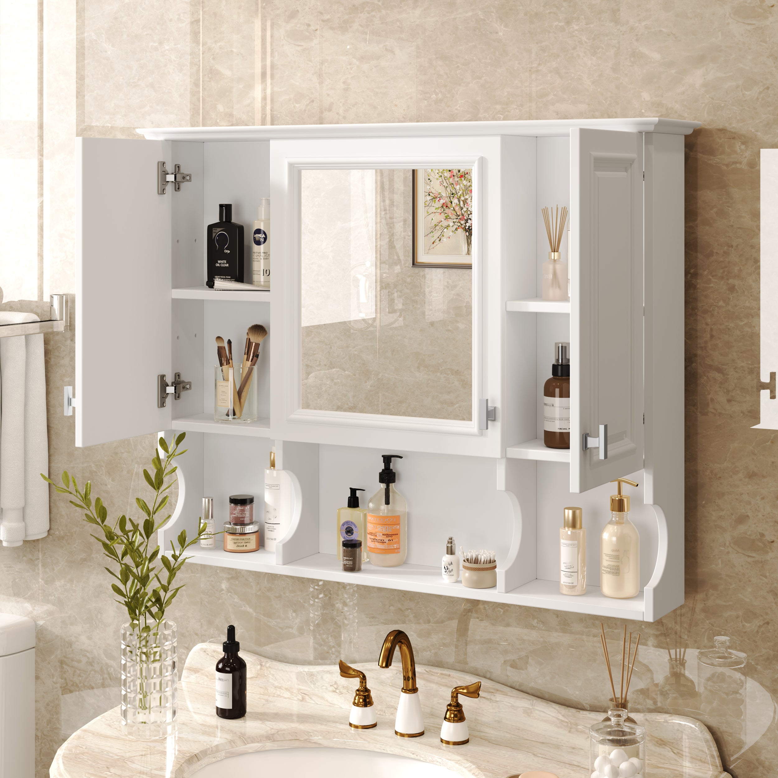 35'' x 28'' Wall Mounted Bathroom Medicine Cabinet, Modern Bathroom Wall Cabinet with Mirror, Mirror Cabinet with Open Shelves