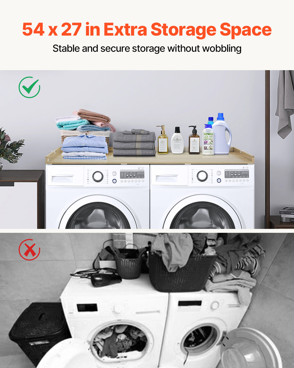 Washer Dryer Countertop, 54" x 27" Wooden Washer and Dryer Countertop, Water Resistant Laundry Machine Topper Cover with Anti Slip Pads, for Laundry Room Organization and Storage, Oak
