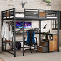Queen Loft Bed with Desk and Storage Non woven Fabric Drawers, Metal Loft Bed Frame with Ladders, Nosie free and No Spring Box Needed, Black
