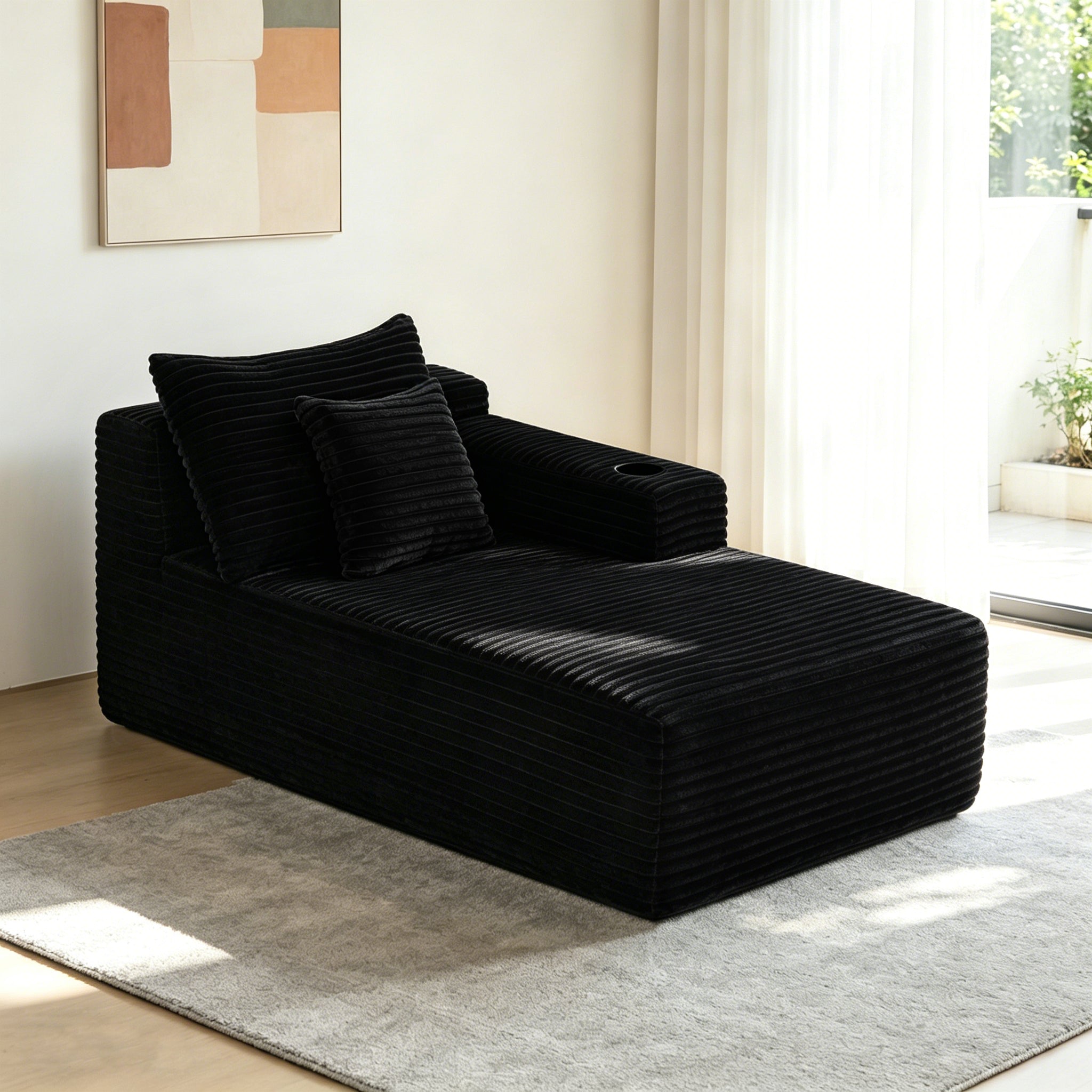 37.5 inch Right chaise longue with plush black velvet, cup holder, flexible matching, mainly for living room use.