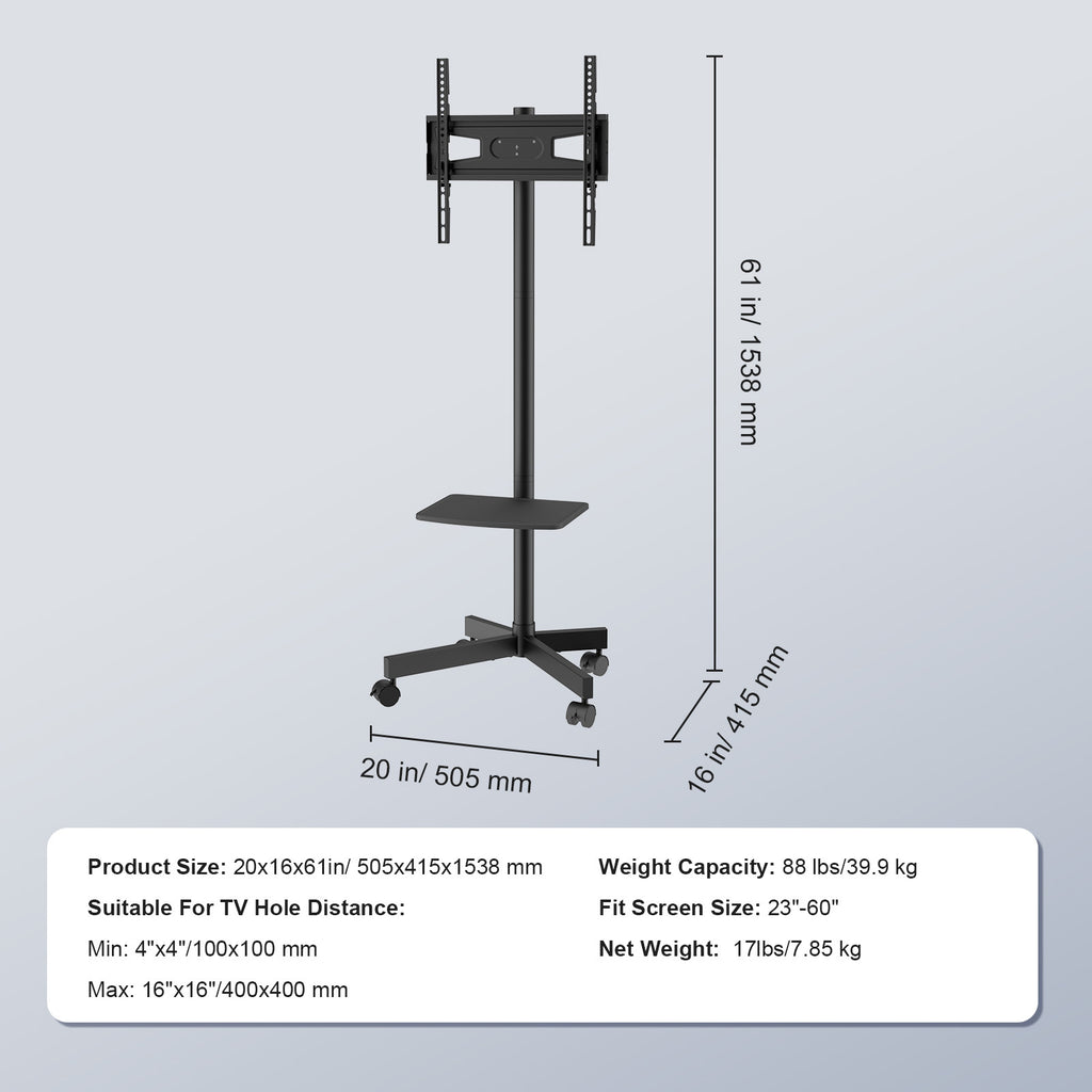 Mobile TV Stand, Mobile TV Cart for 23 to 60 inch TVs, Height Adjustable Portable TV Stand with Wheels, with A Tray for Audio Visual Devices, Rolling TV Stand with Mount for Bedroom, Living Room