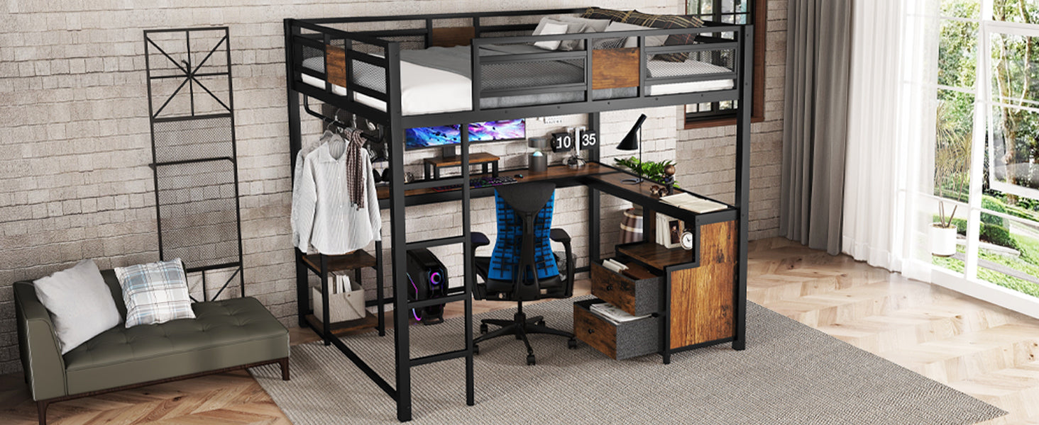 Queen Loft Bed with Desk and Storage Non woven Fabric Drawers, Metal Loft Bed Frame with Ladders, Nosie free and No Spring Box Needed, Black