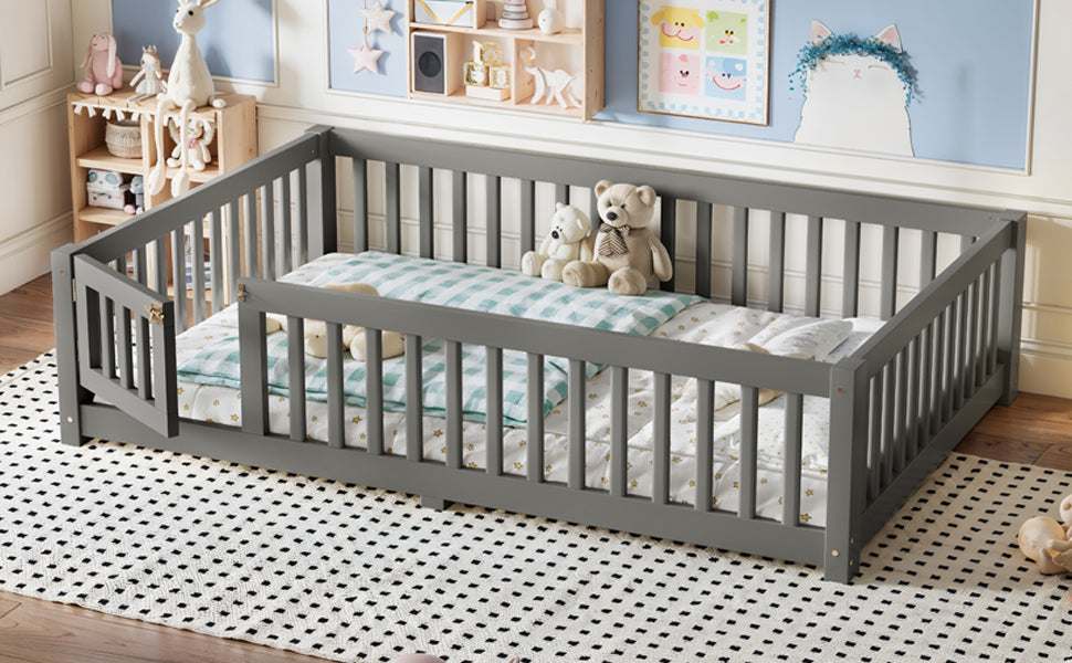 Full Size Bed Floor Bed with Safety Guardrails and Door for Kids, Gray