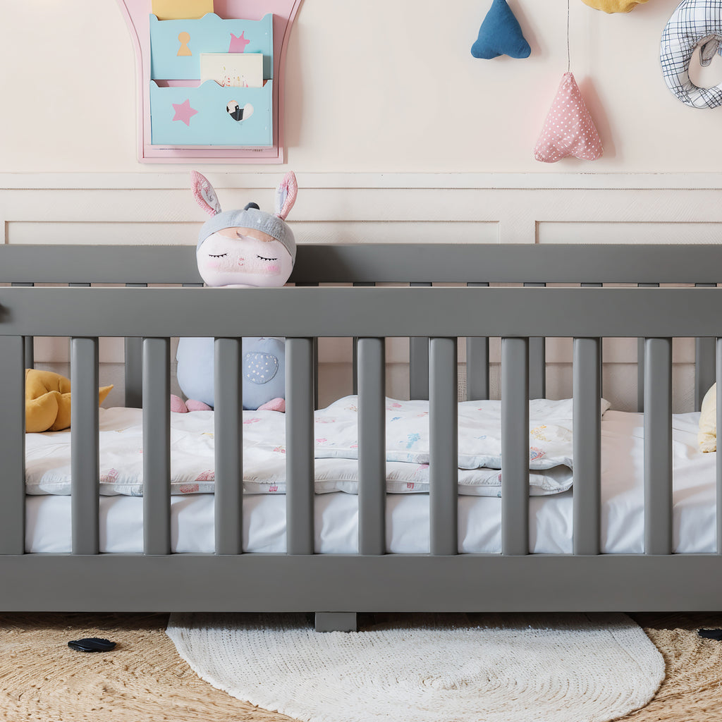 Twin Size Bed Floor Bed with Safety Guardrails and Door for Kids, Gray