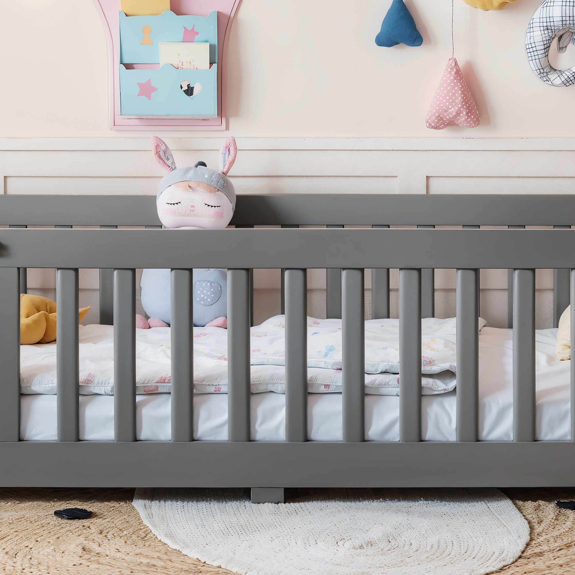 Twin Size Bed Floor Bed with Safety Guardrails and Door for Kids, Gray
