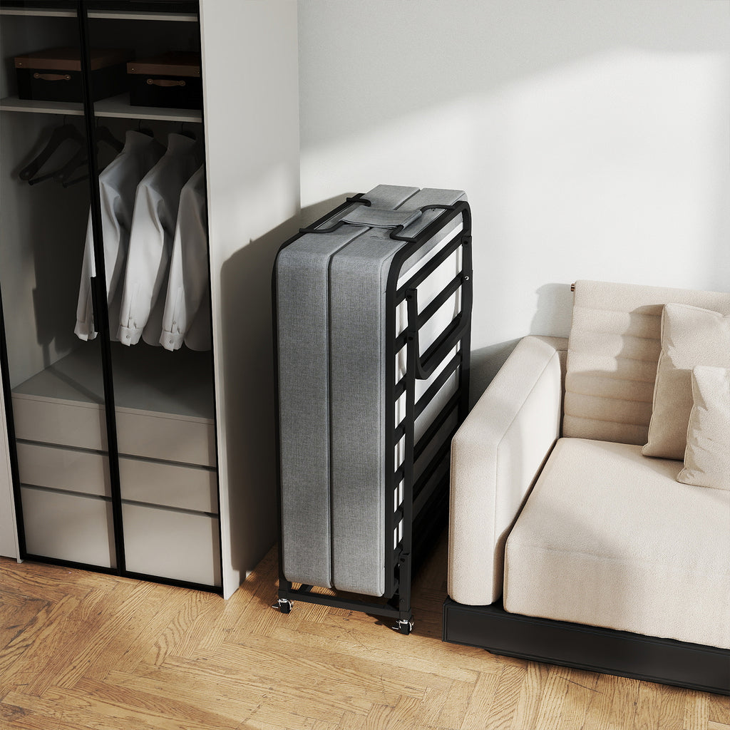 Portable Folding Bed with Memory Foam Mattress, Lockable Wheels, Breathable Linen Fabric for Adults