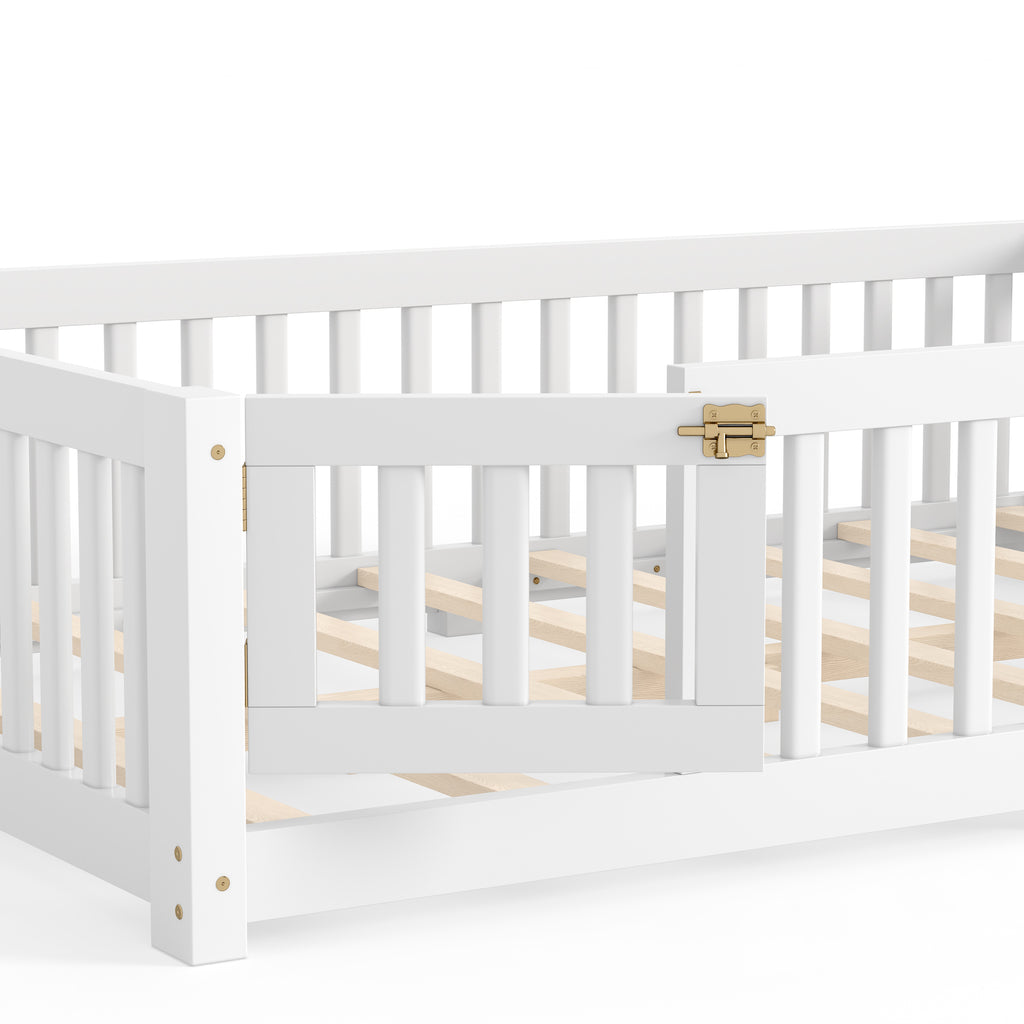 Full Size Bed Floor Bed with Safety Guardrails and Door for Kids, White
