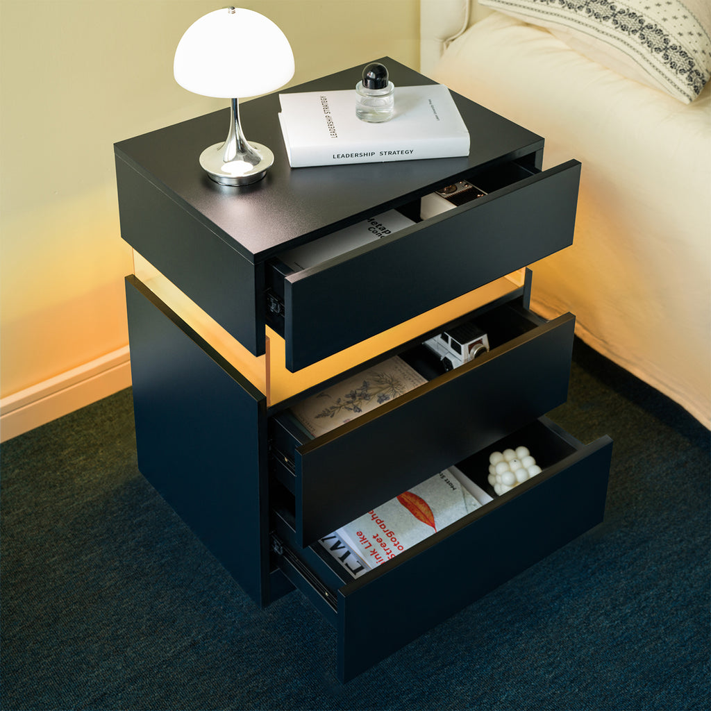 LED Nightstands 3 Drawer Dresser for Bedroom End Table with Acrylic Board LED Bedside Tables Black